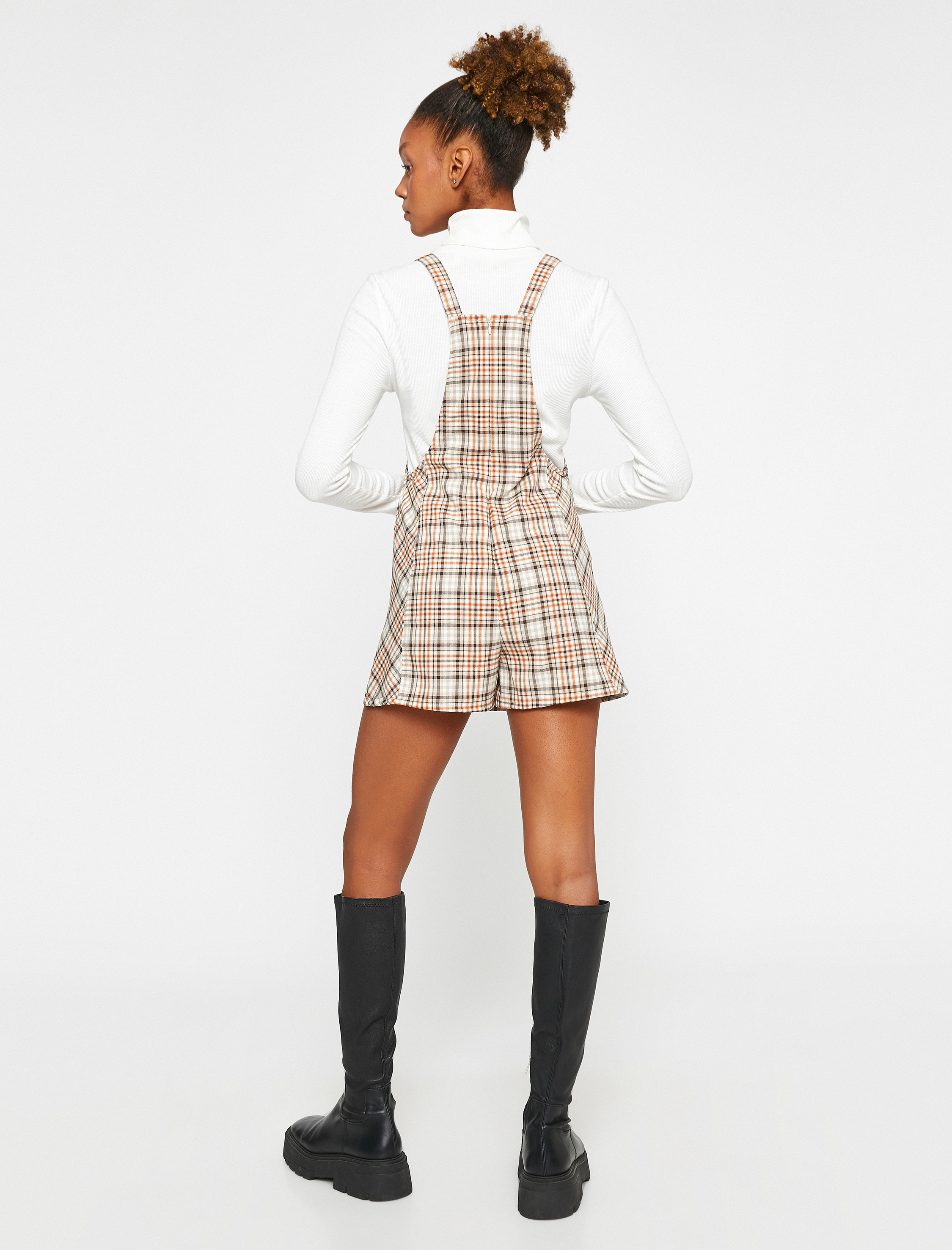   Salopet Elbise Ekoseli Yırtmaç Detaylı Askılı