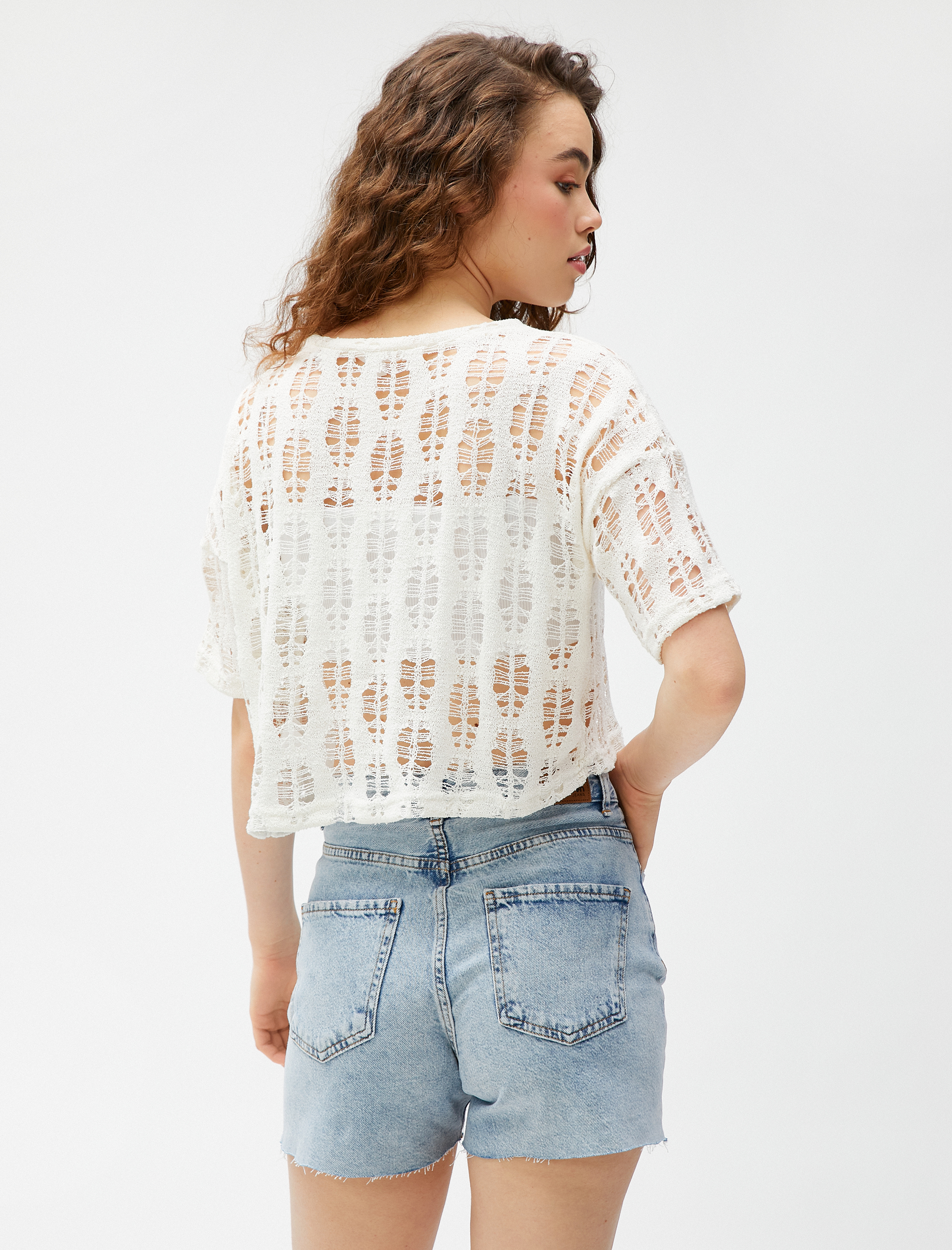   Crop Tişört Ajurlu Kısa Kollu Bisiklet Yaka