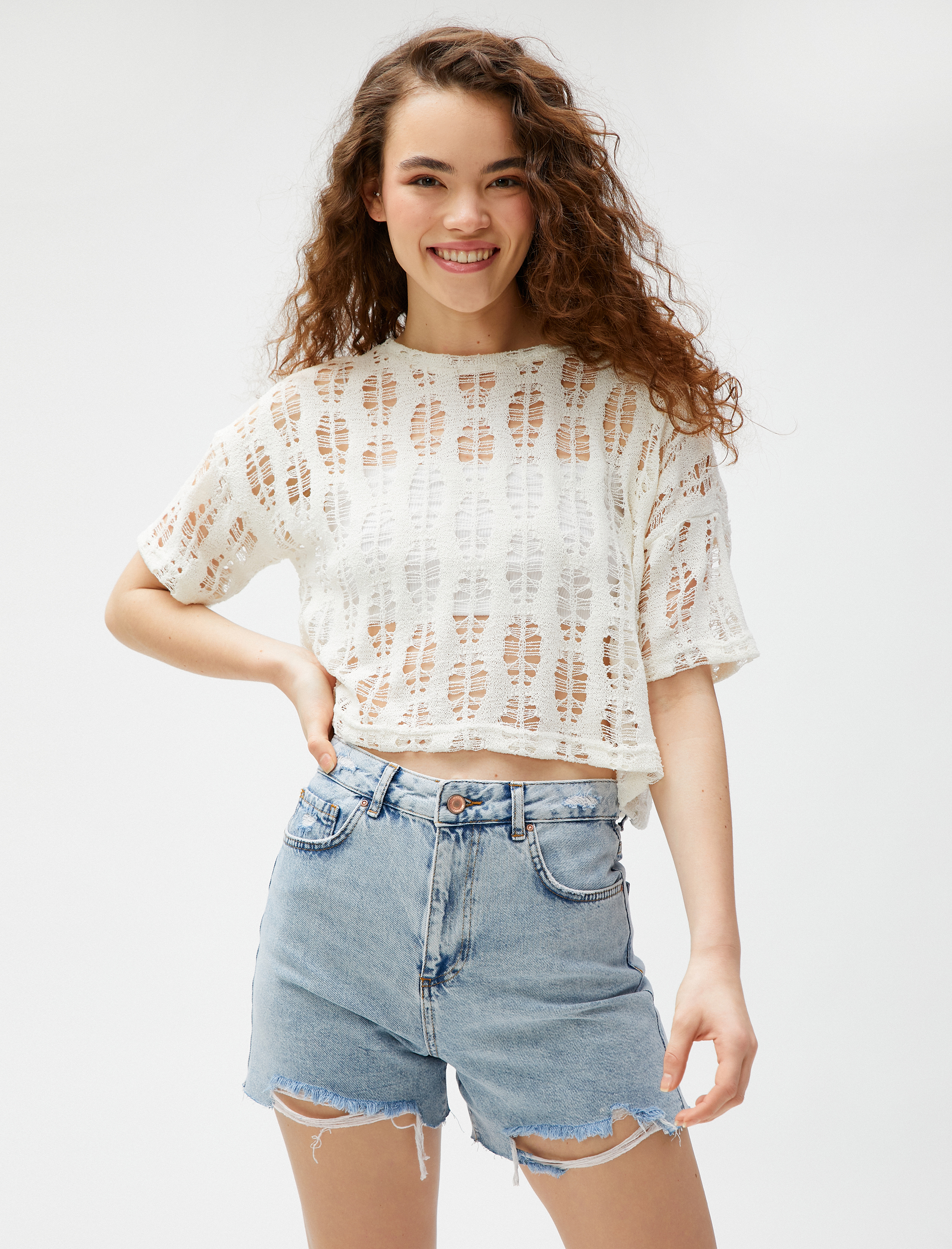   Crop Tişört Ajurlu Kısa Kollu Bisiklet Yaka