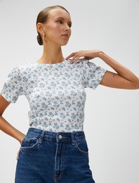 Çiçekli Tişört Kısa Kollu Bisiklet Yaka