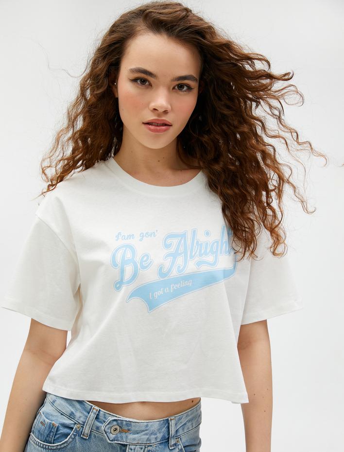  Crop Tshirt Baskılı Bisiklet Yaka Kısa Kollu Pamuklu
