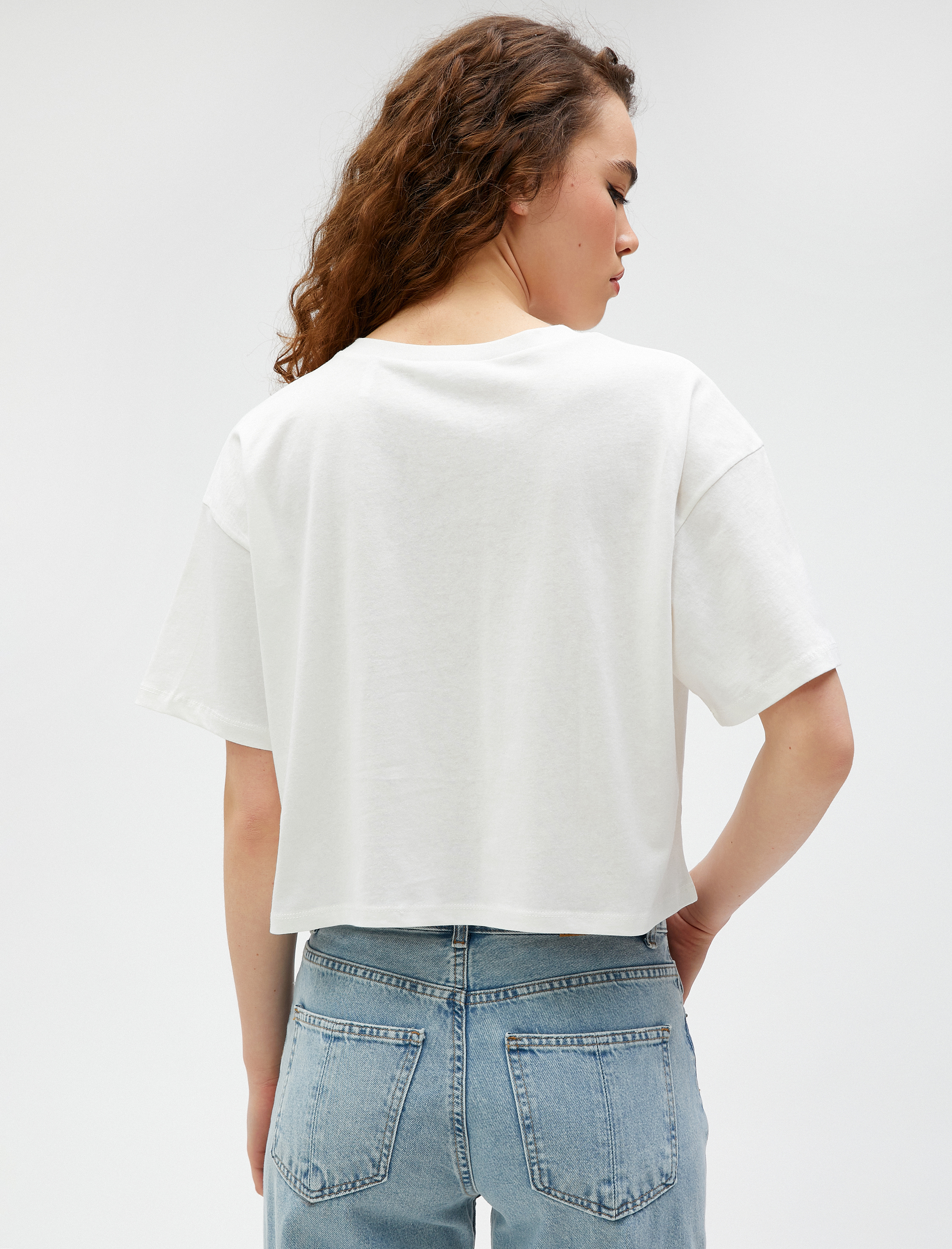   Crop Tshirt Baskılı Bisiklet Yaka Kısa Kollu Pamuklu