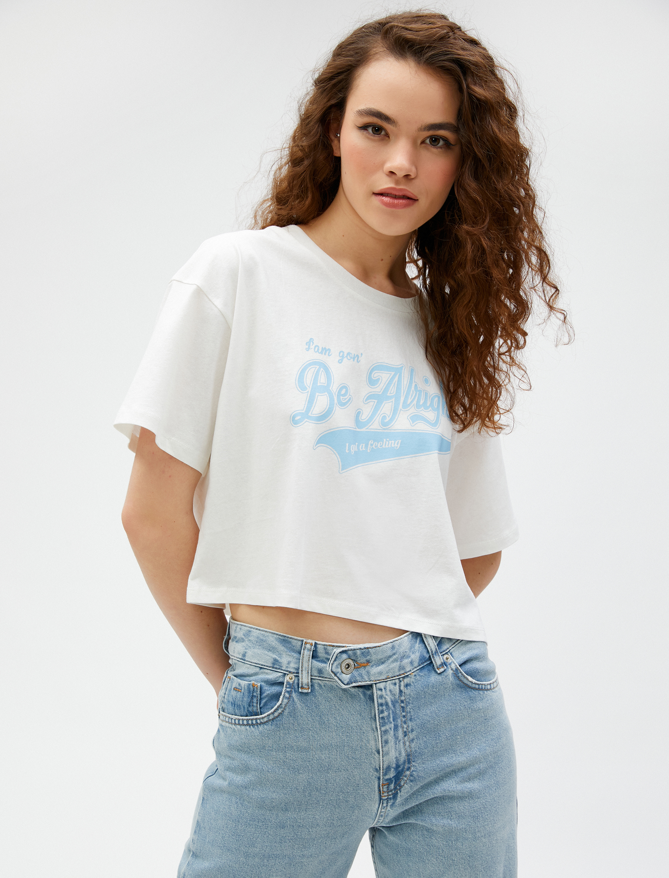  Crop Tshirt Baskılı Bisiklet Yaka Kısa Kollu Pamuklu