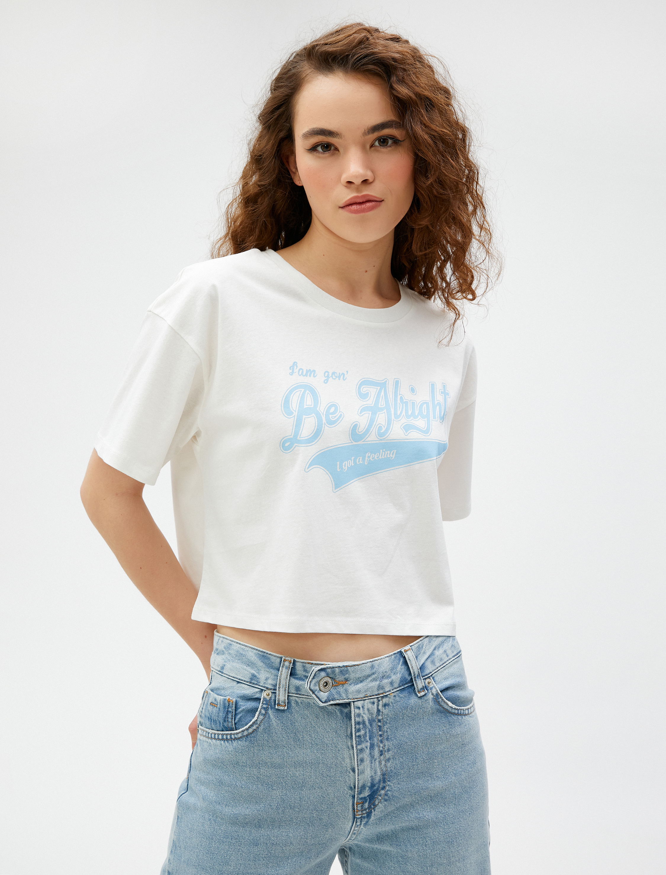   Crop Tshirt Baskılı Bisiklet Yaka Kısa Kollu Pamuklu