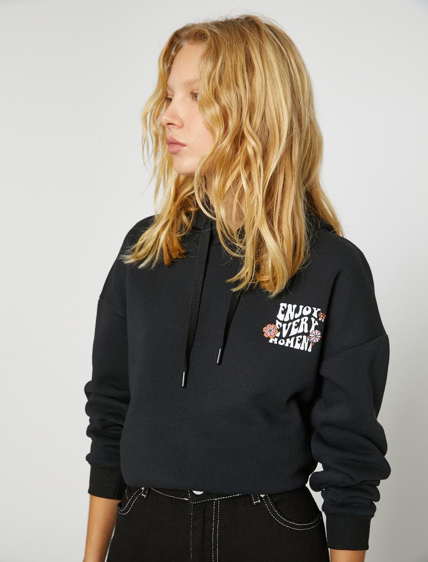   Baskılı Oversize Sweatshirt Kapüşonlu Uzun Kollu İçi Polarlı