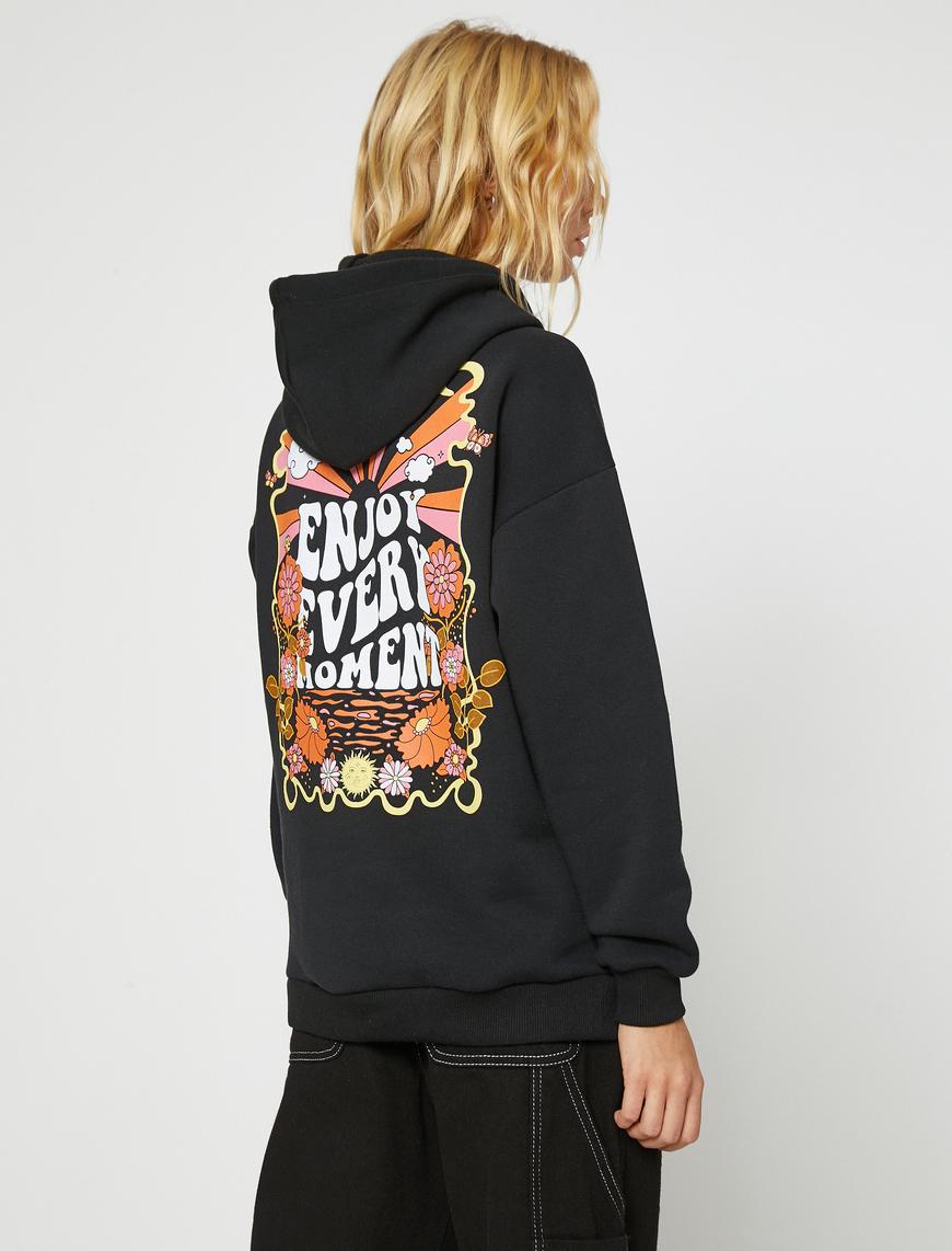   Baskılı Oversize Sweatshirt Kapüşonlu Uzun Kollu İçi Polarlı