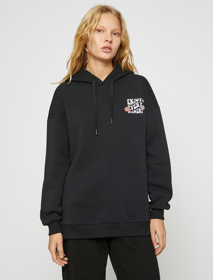   Baskılı Oversize Sweatshirt Kapüşonlu Uzun Kollu İçi Polarlı
