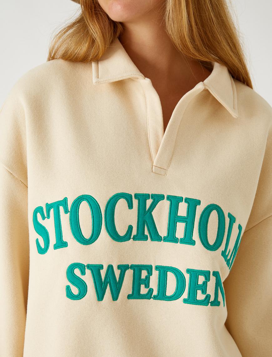   Polo Yaka Kolej Sweatshirt İşlemeli İçi Polarlı