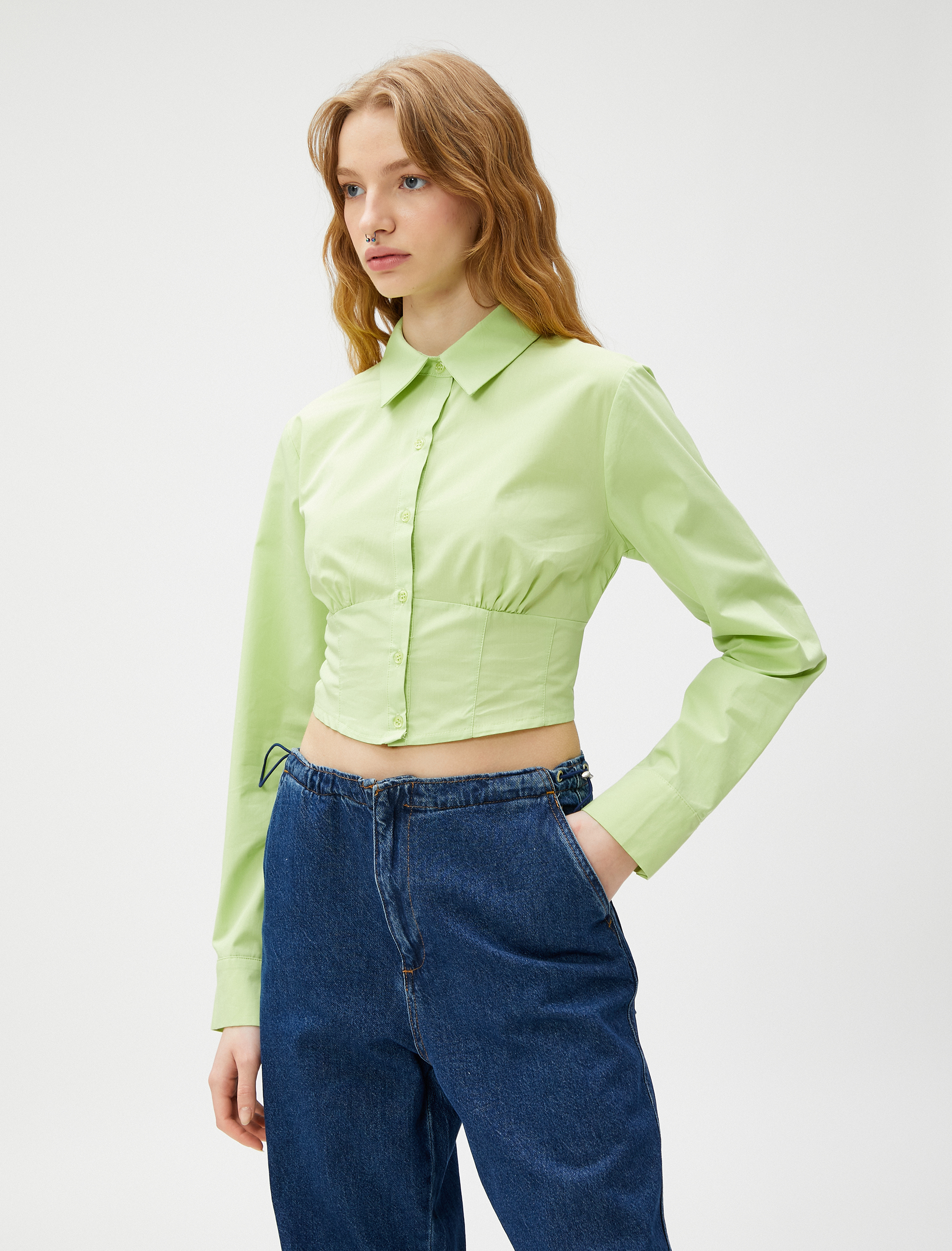   Crop Poplin Gömlek Uzun Kollu Beli Korseli Düğmeli Pamuklu