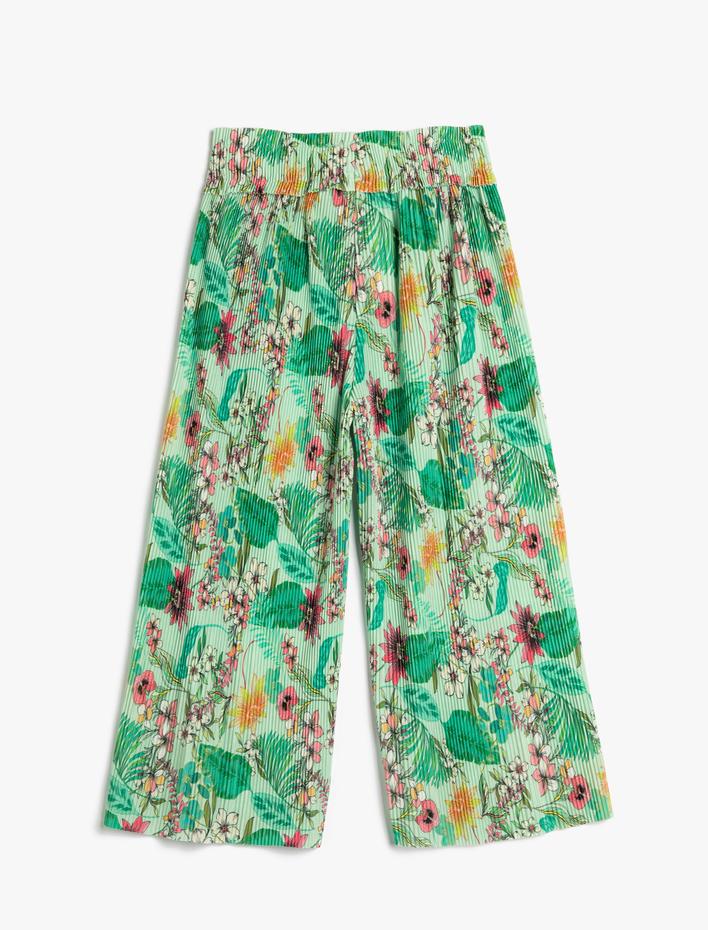 Kız Çocuk Geniş Paça Palazzo Pantolon Çiçekli Beli Lastikli Piliseli