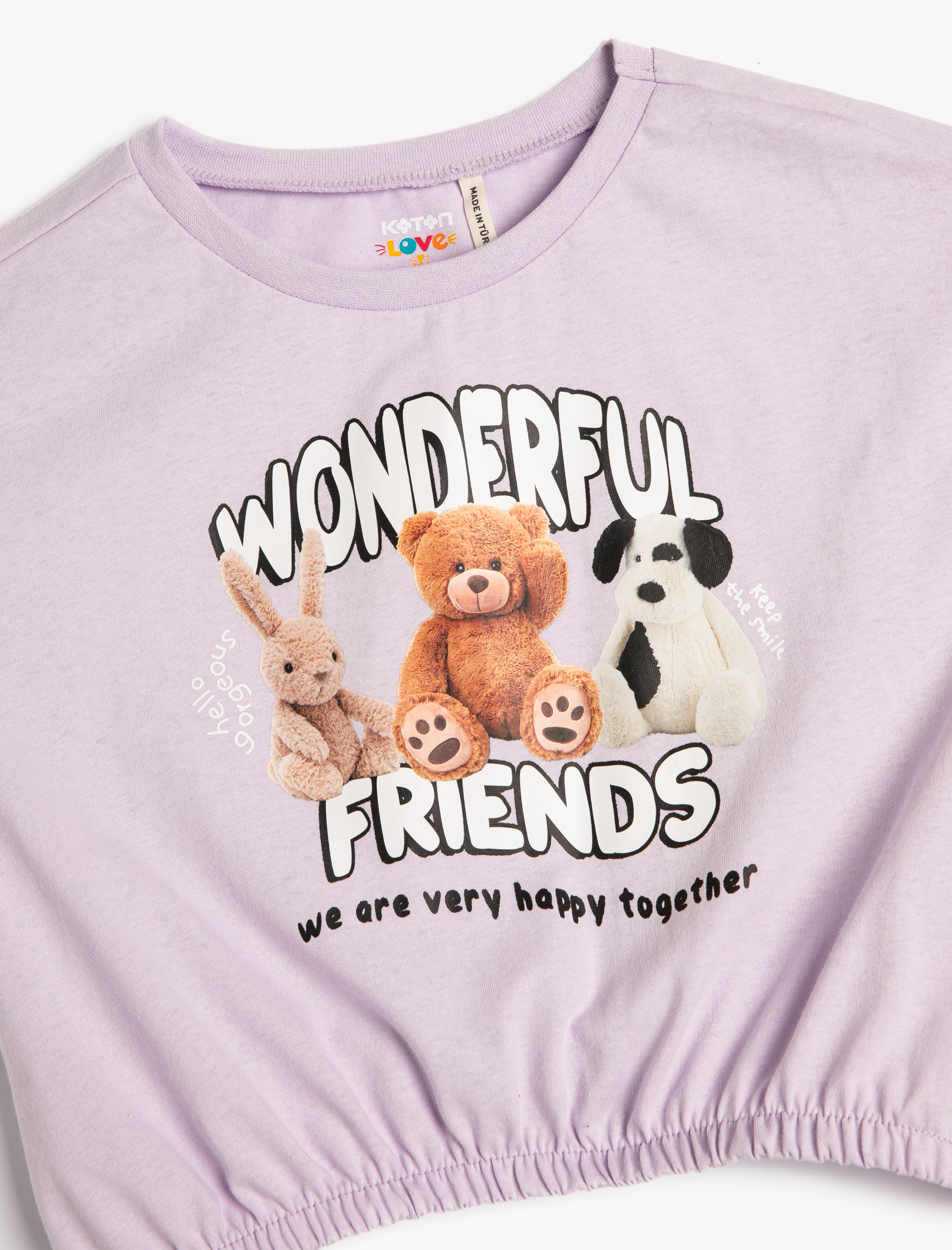 Kız Çocuk Crop Oversize Tişört Hayvanlar Baskılı Beli Lastikli Bağlamalı Pamuklu