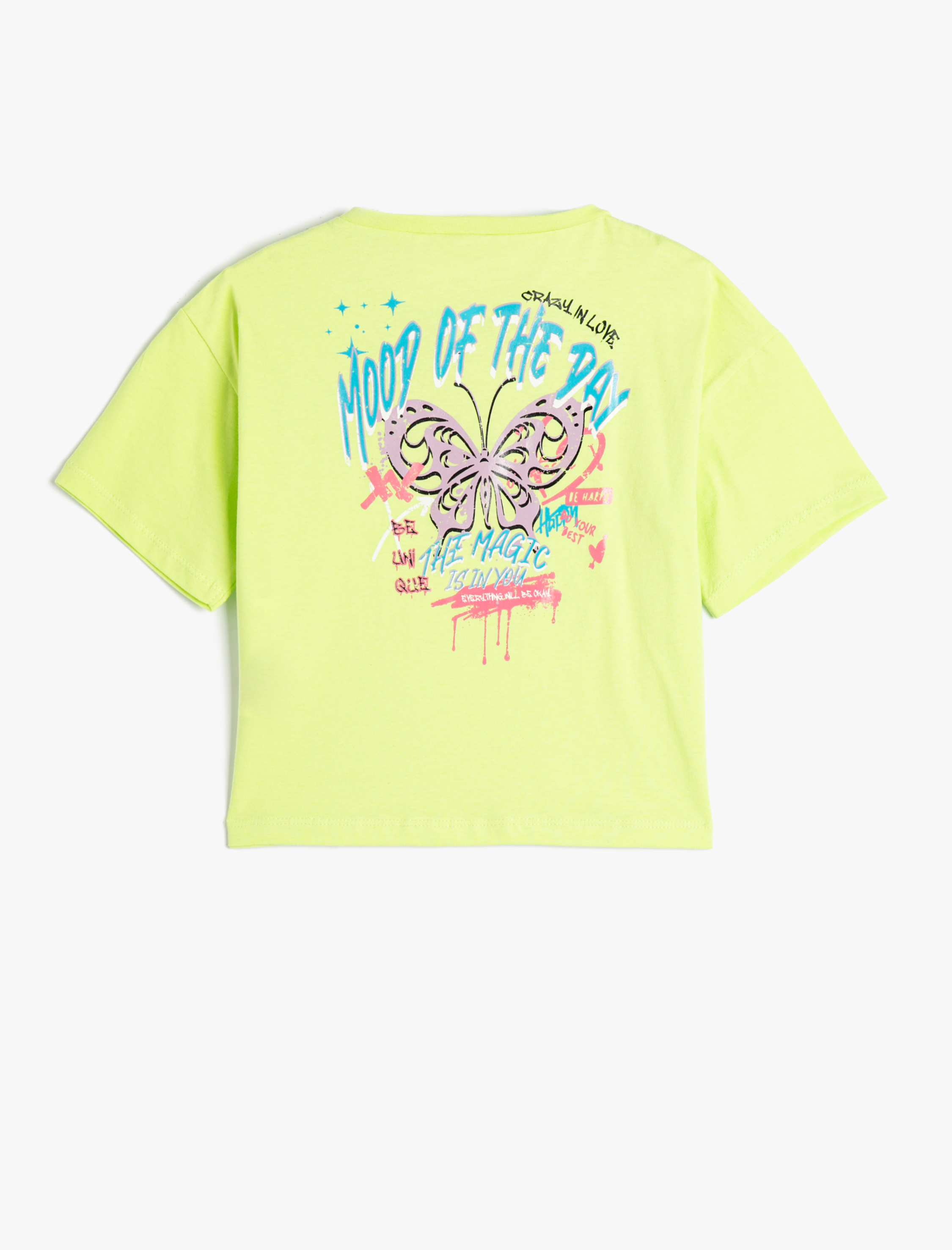  Kız Çocuk Tişört Kısa Kollu Bisiklet Yaka Kelebek Baskılı Pamuklu