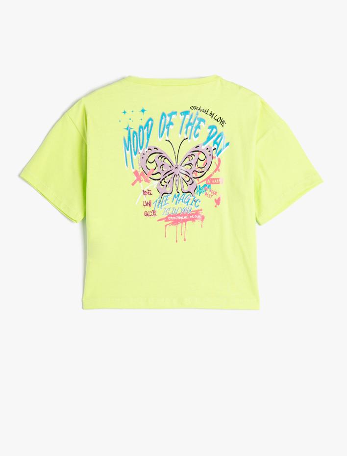 Kız Çocuk Tişört Kısa Kollu Bisiklet Yaka Kelebek Baskılı Pamuklu