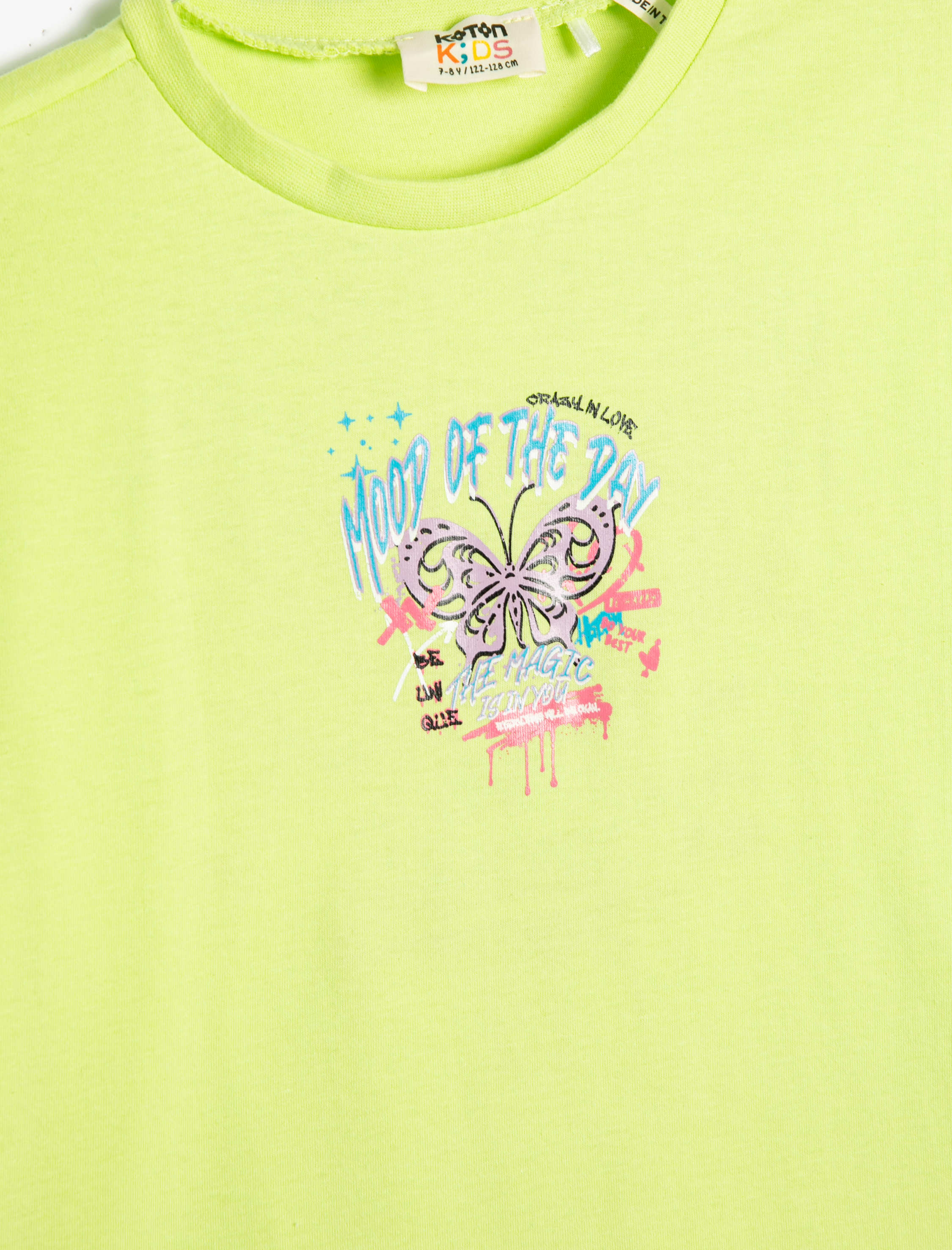  Kız Çocuk Tişört Kısa Kollu Bisiklet Yaka Kelebek Baskılı Pamuklu