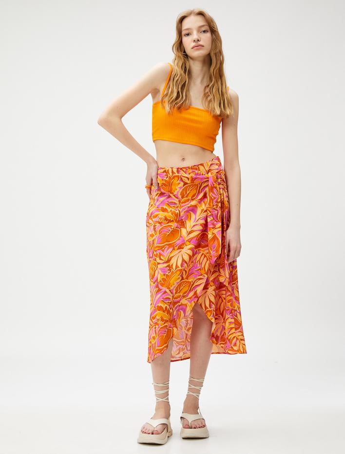  Çiçekli Uzun Etek Önden Bağlamalı Viskon Anvelop Kapama