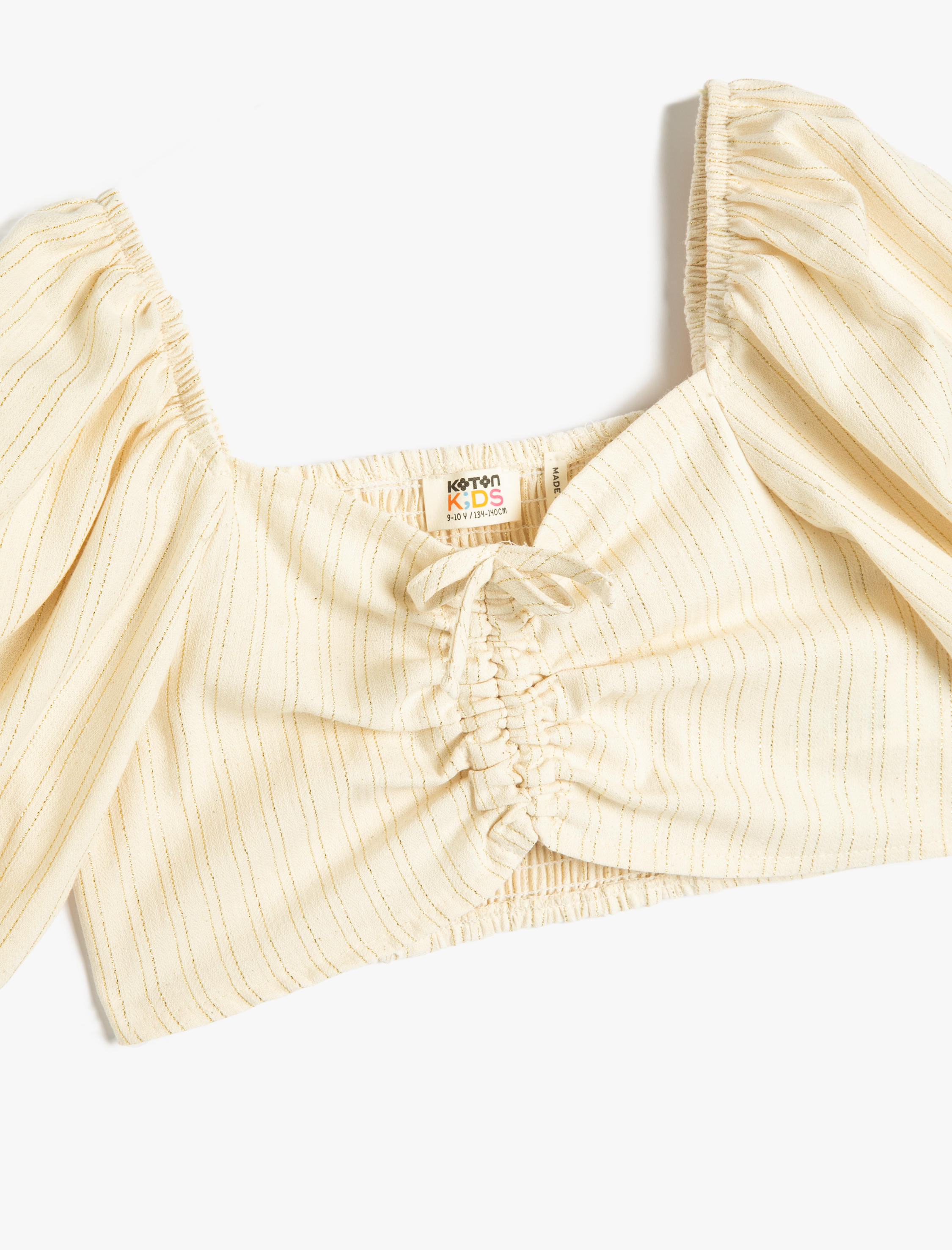  Kız Çocuk Crop Bluz Balon Kollu Önü Büzgülü U Yaka Pamuklu