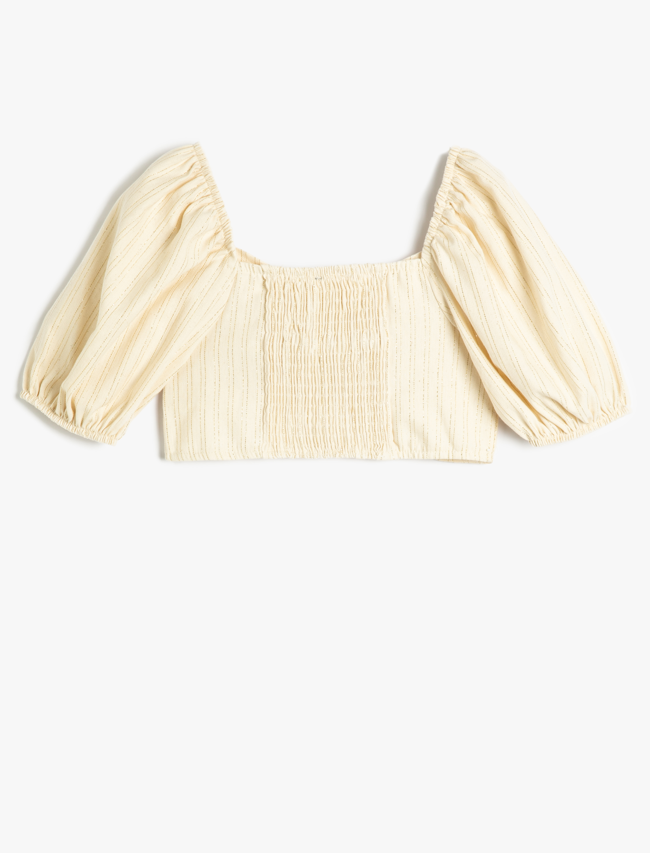  Kız Çocuk Crop Bluz Balon Kollu Önü Büzgülü U Yaka Pamuklu