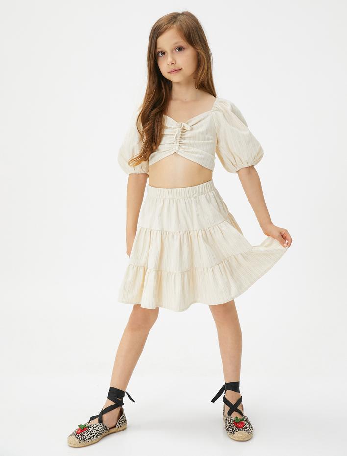 Kız Çocuk Crop Bluz Balon Kollu Önü Büzgülü U Yaka Pamuklu