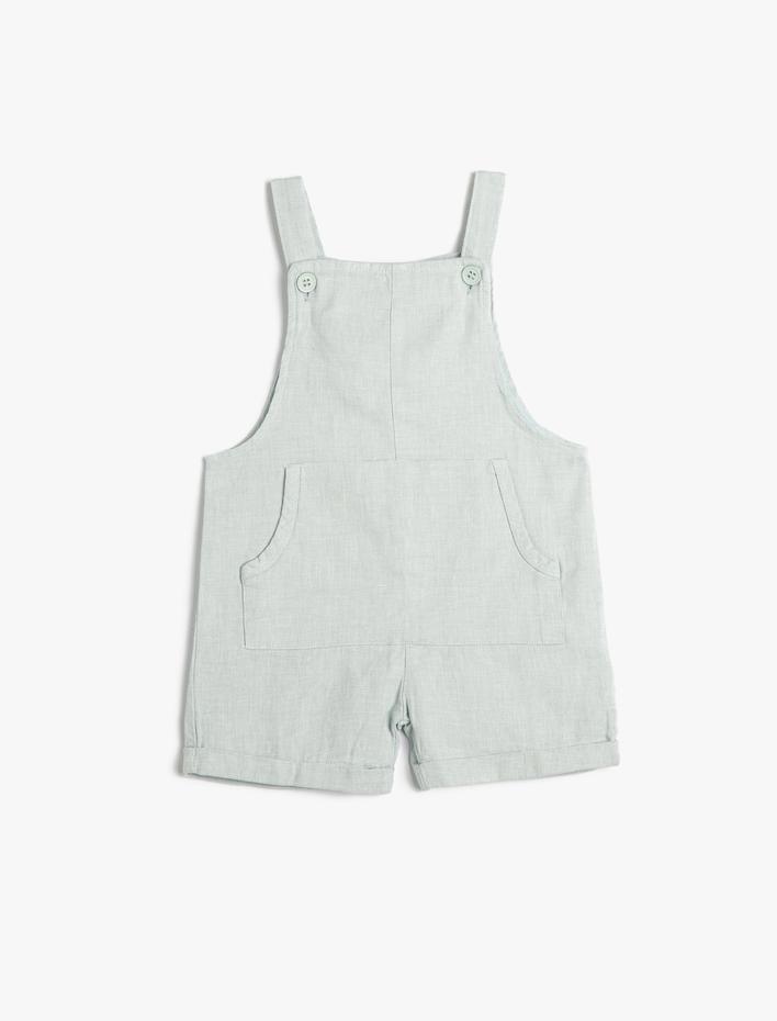 Erkek Bebek Keten Tulum Şort Kanguru Cepli