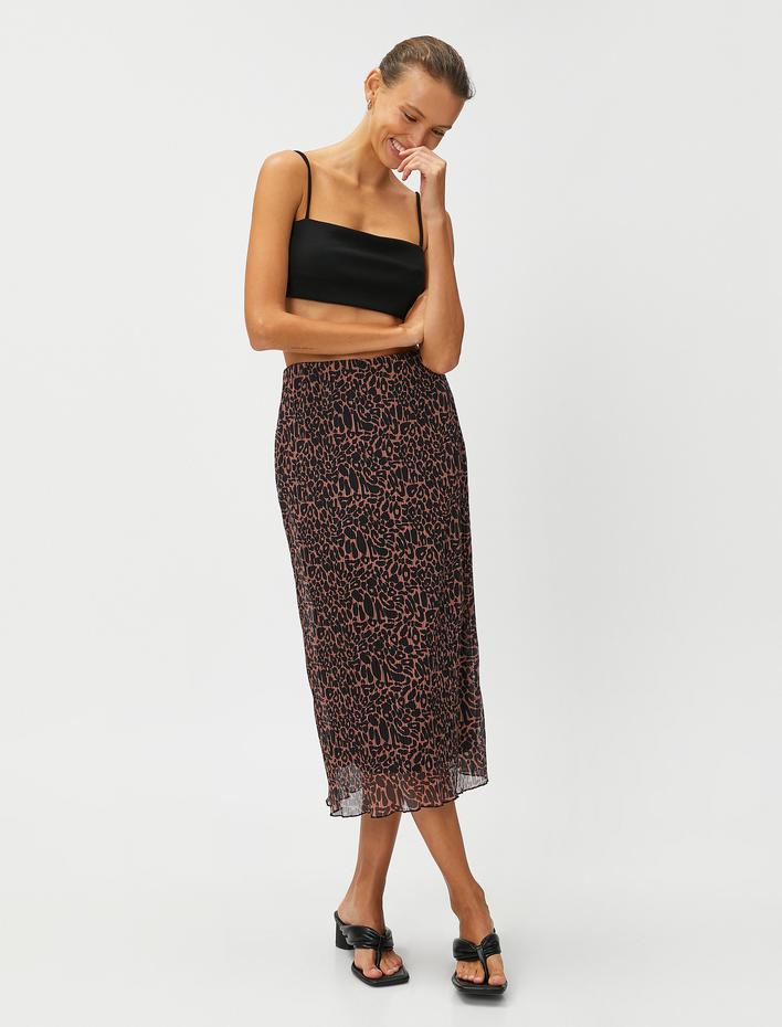  Leopar Desenli Şifon Pileli Midi Etek Yırtmaçlı