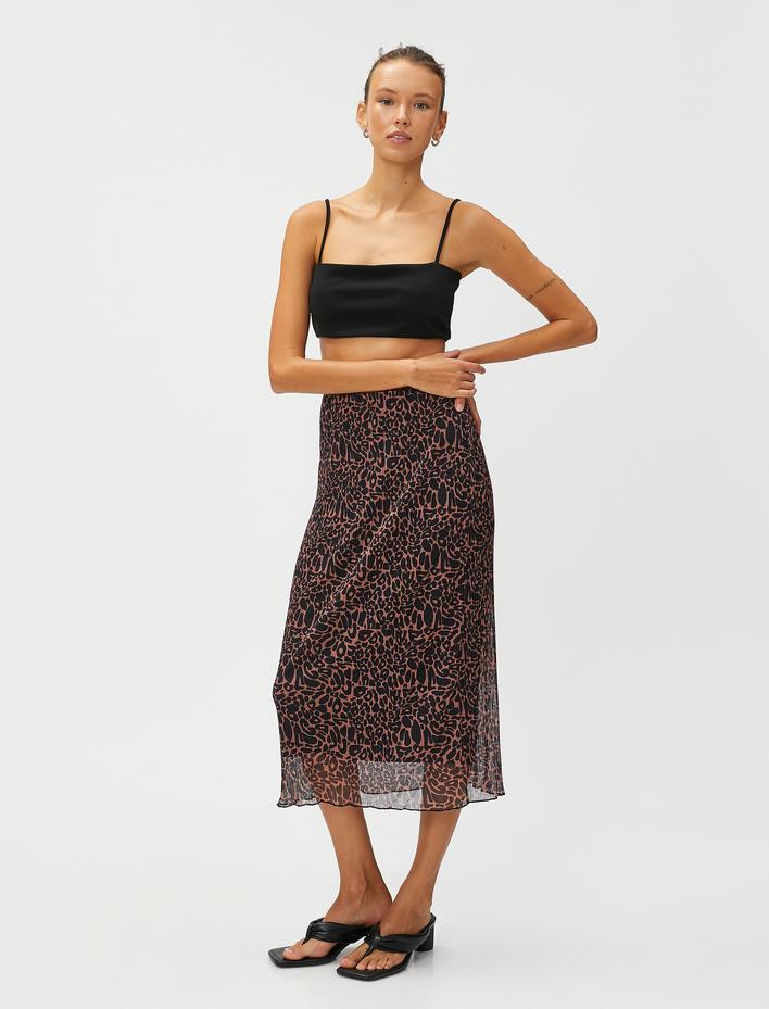  Leopar Desenli Şifon Pileli Midi Etek Yırtmaçlı