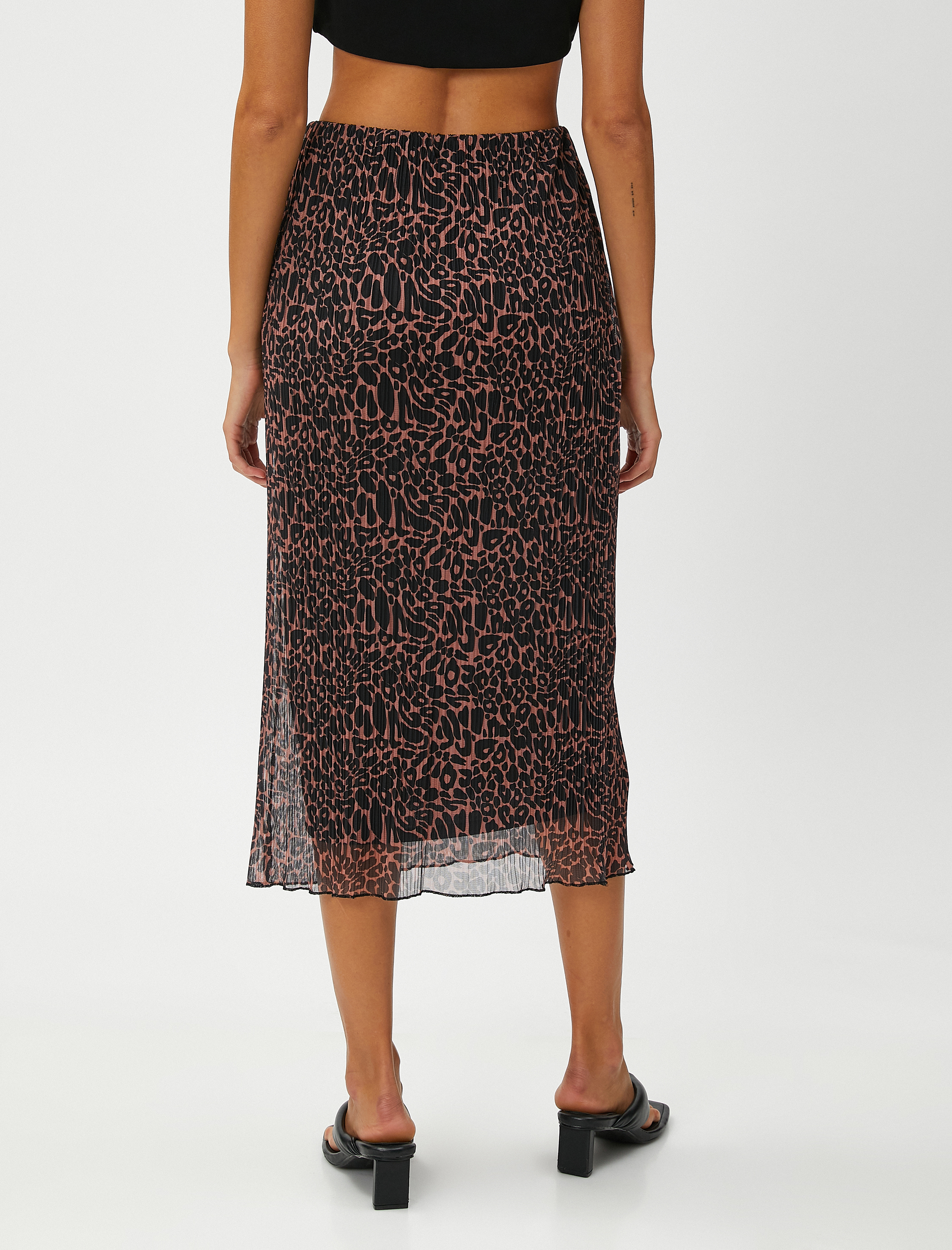   Leopar Desenli Şifon Pileli Midi Etek Yırtmaçlı