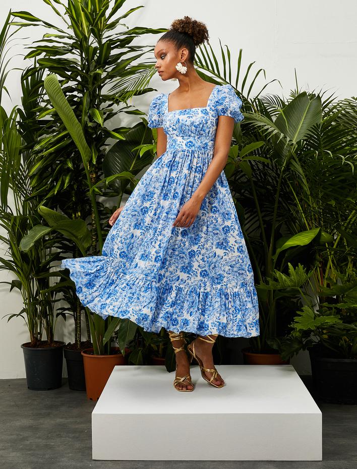  Çiçekli Elbise Balon Kollu Kare Yaka