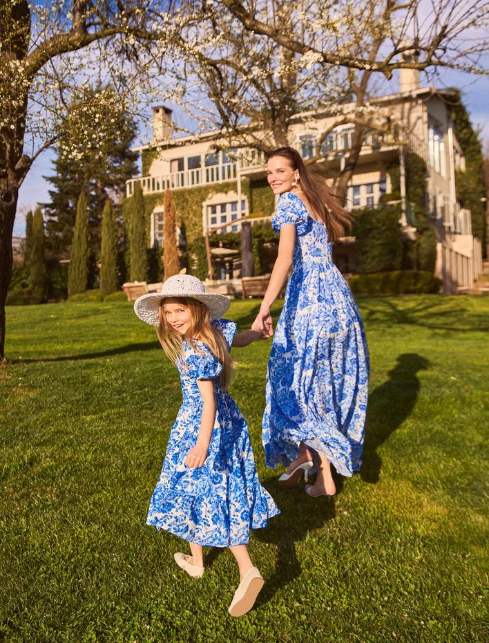  Çiçekli Elbise Balon Kollu Kare Yaka