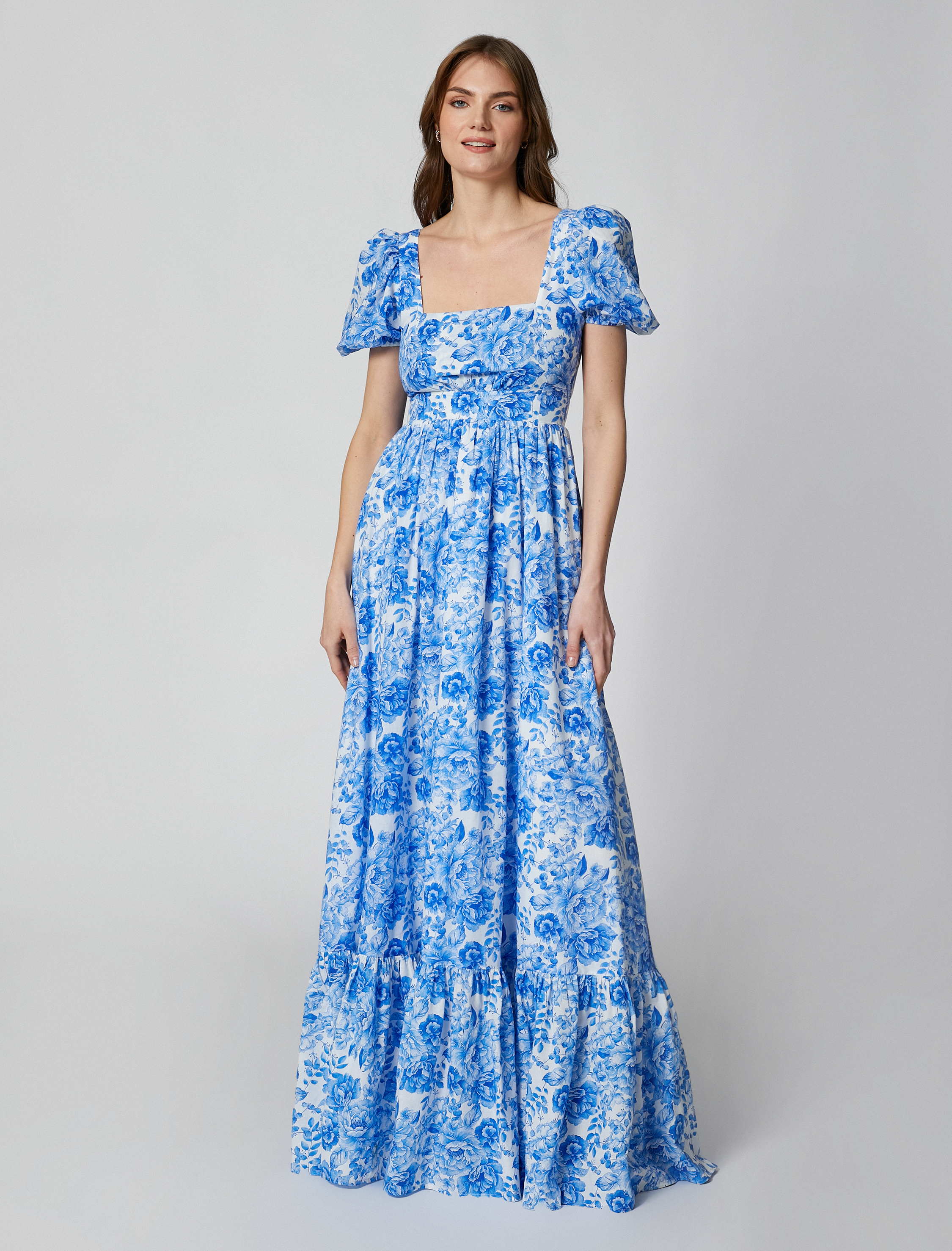   Çiçekli Elbise Balon Kollu Kare Yaka