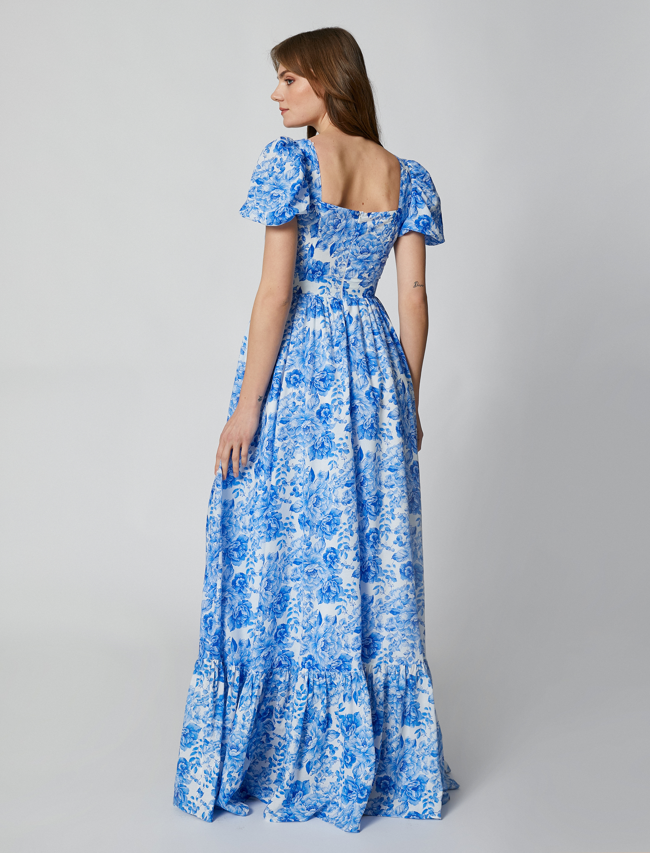   Çiçekli Elbise Balon Kollu Kare Yaka