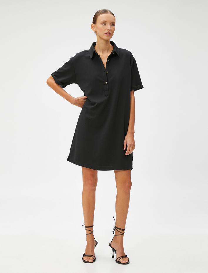  Polo Yaka Mini Elbise Düğme Detaylı