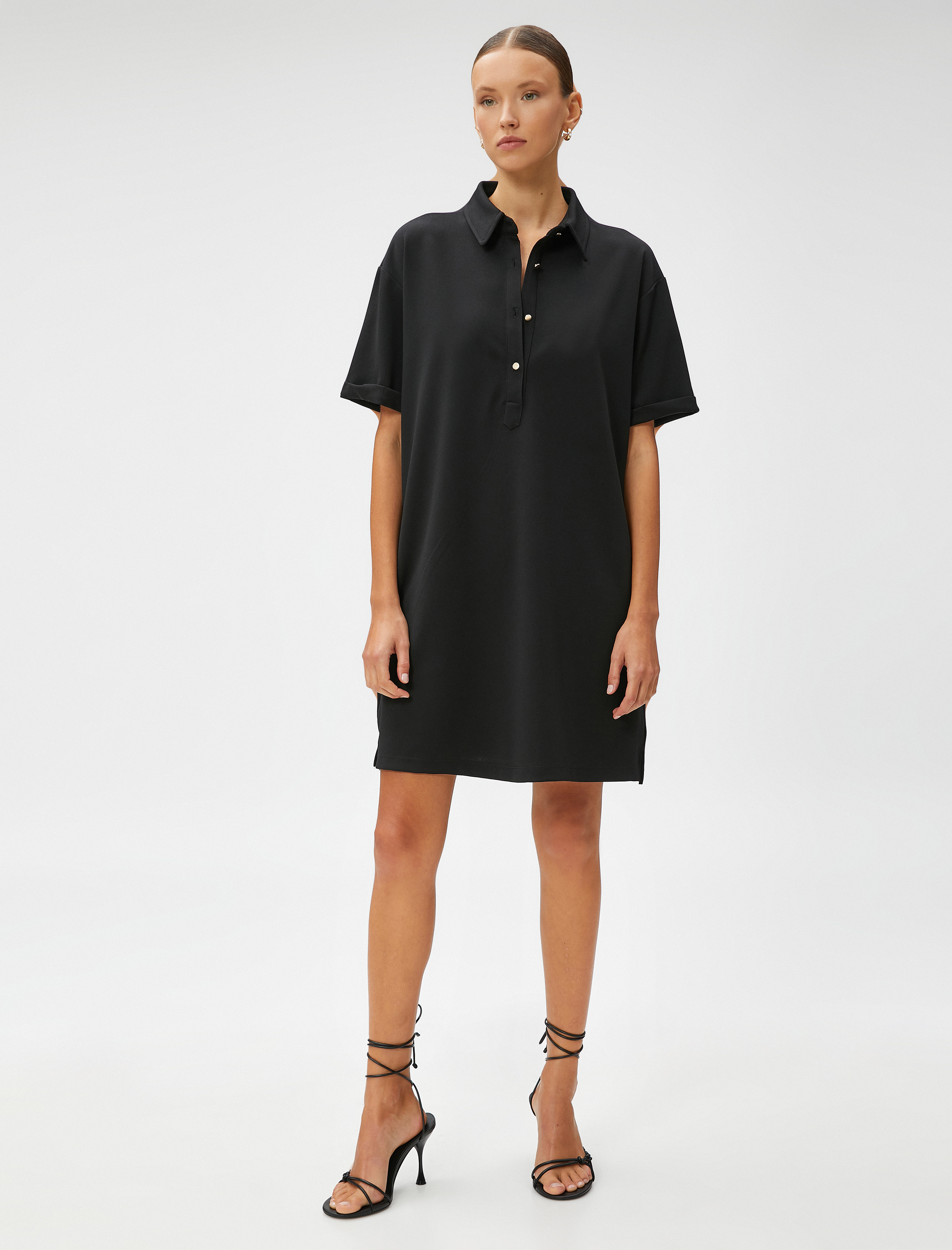   Polo Yaka Mini Elbise Düğme Detaylı