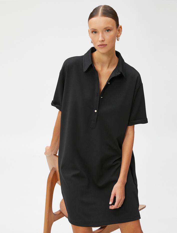  Polo Yaka Mini Elbise Düğme Detaylı