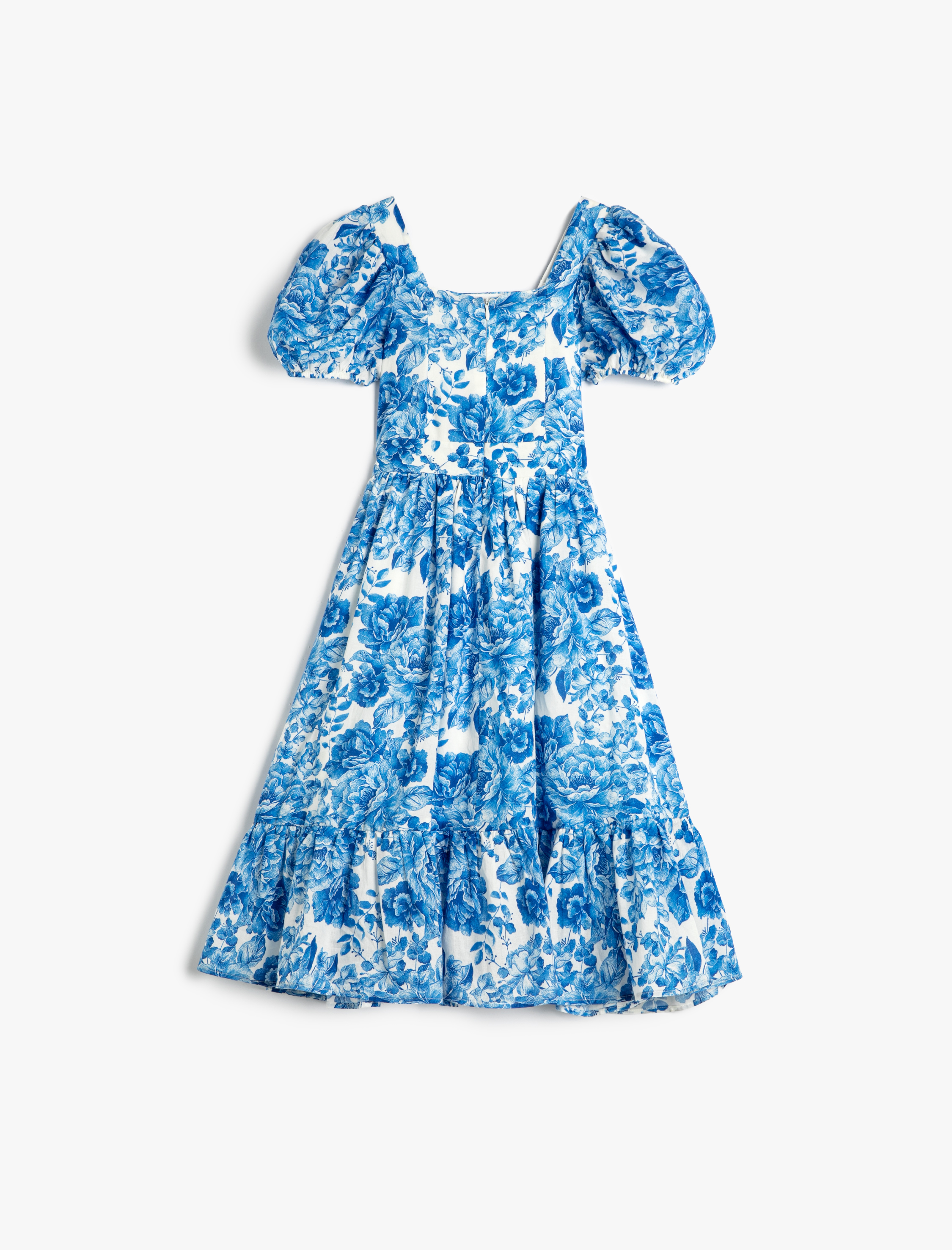  Kız Çocuk Elbise Midi Çiçekli Kısa Balon Kollu Kare Yaka Astarlı