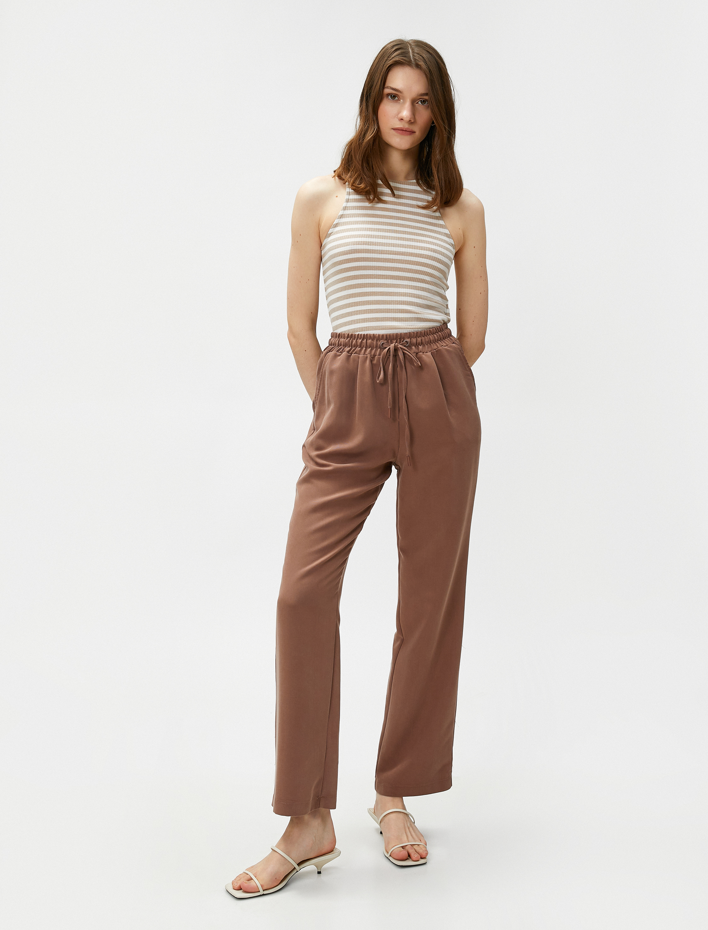   Beli Bağlamalı Pantolon Düz Paça Modal Karışımlı