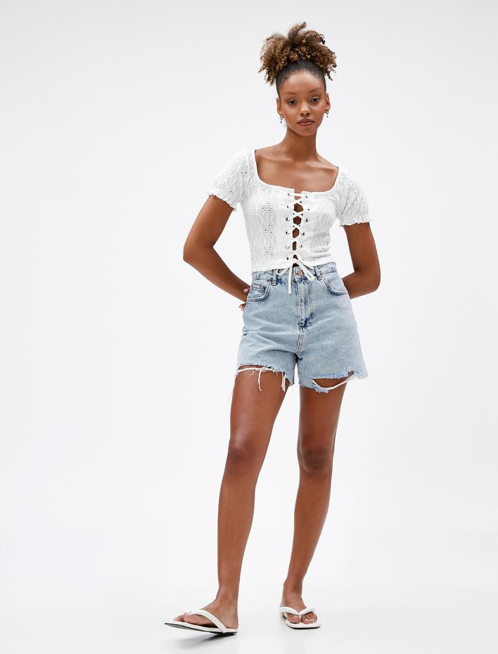  Crop Tişört Fisto Önden Bağlama Detaylı Kısa Kollu Fırfırlı