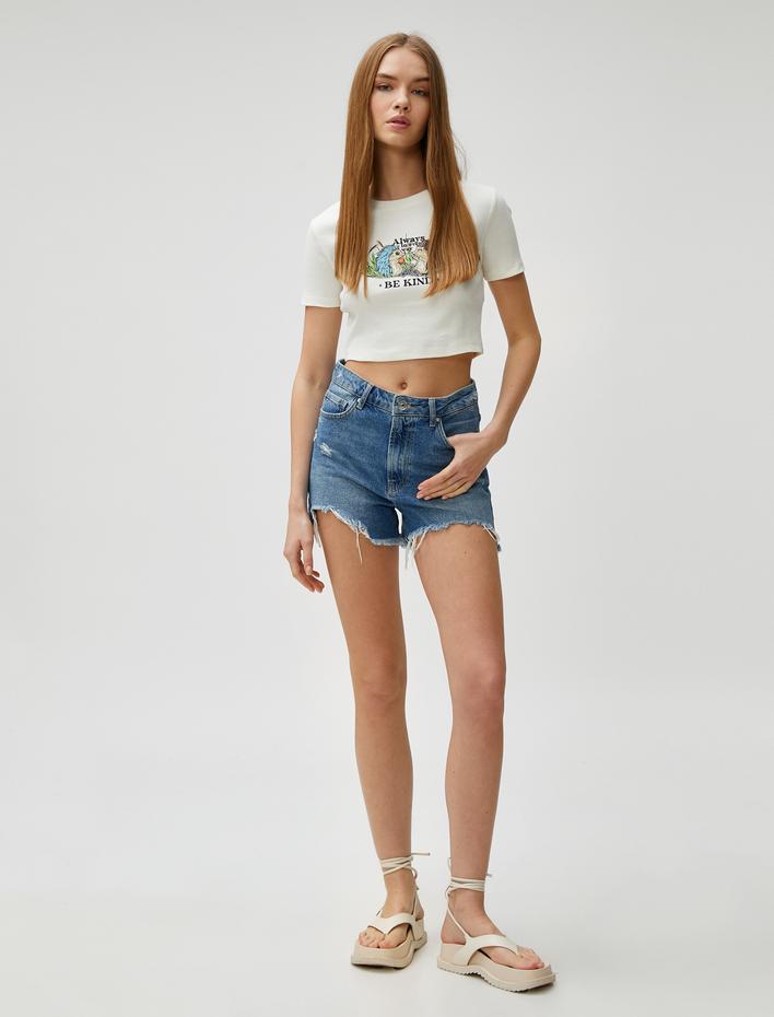  Crop Tişört Baskılı Fitilli Bisiklet Yaka Kısa Kollu