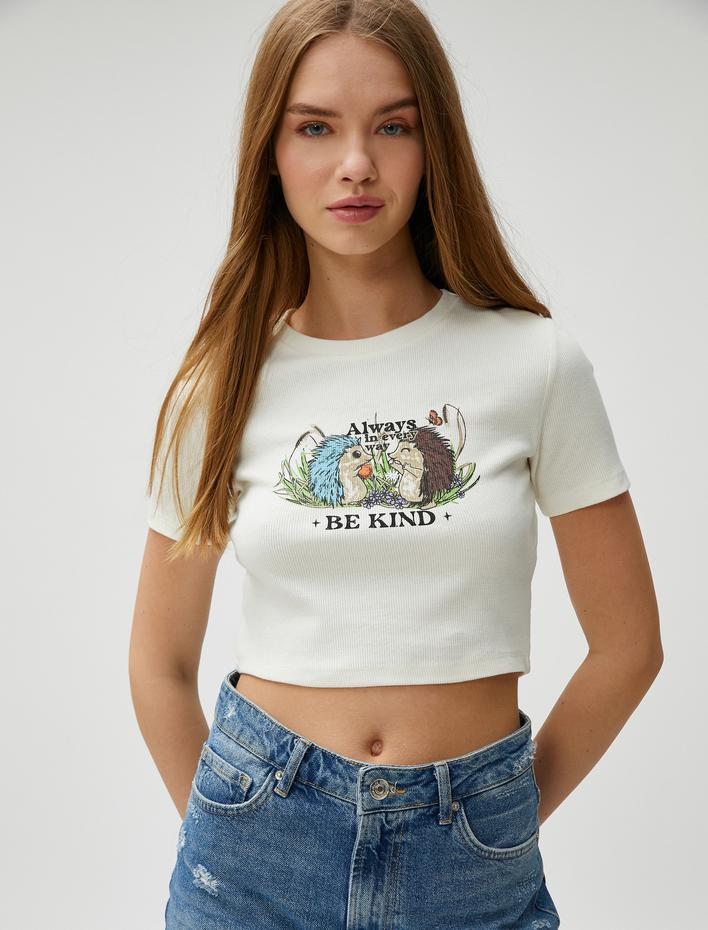  Crop Tişört Baskılı Fitilli Bisiklet Yaka Kısa Kollu