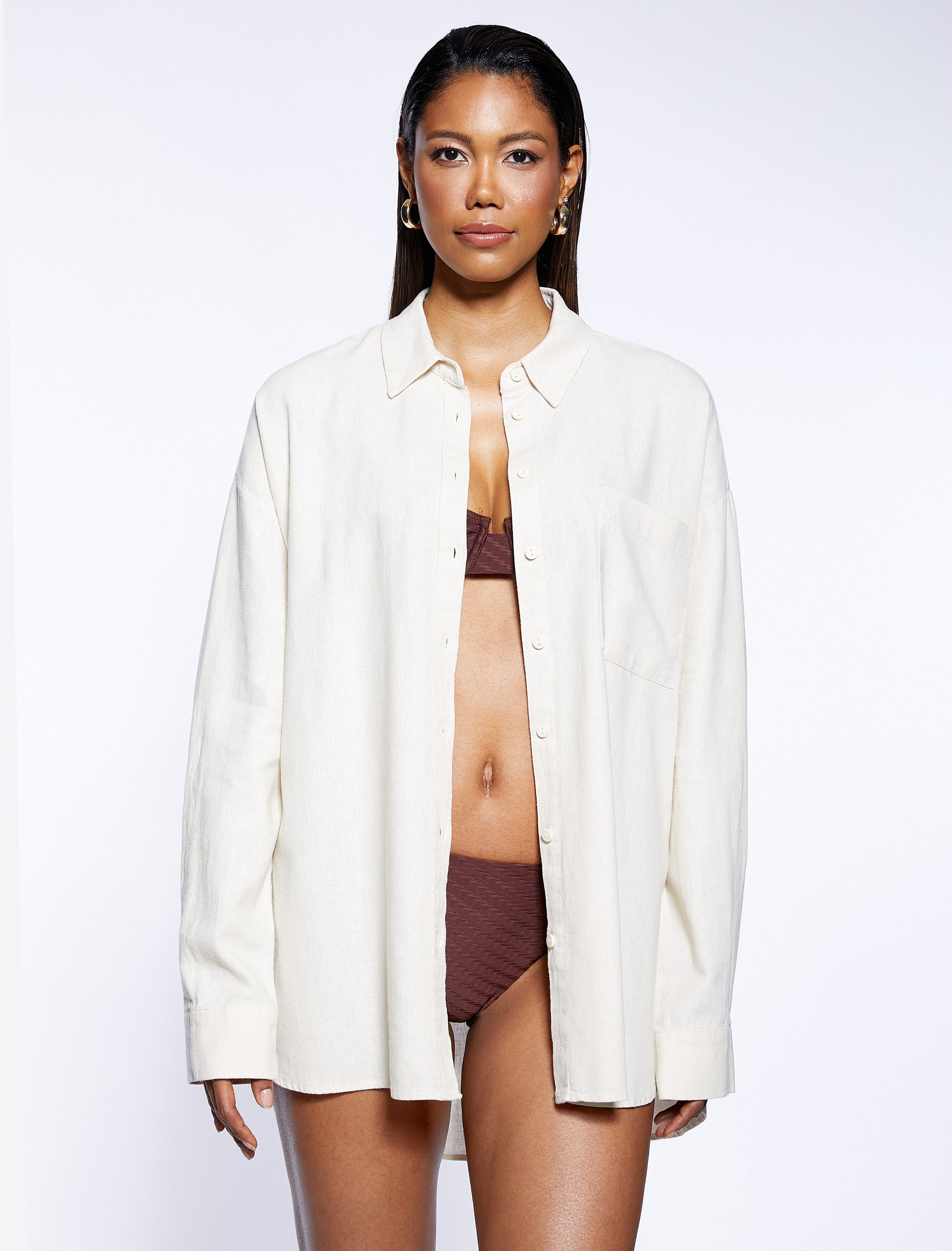   Oversize Gömlek Keten Karışımlı Düğmeli Uzun Kollu Cep Detaylı