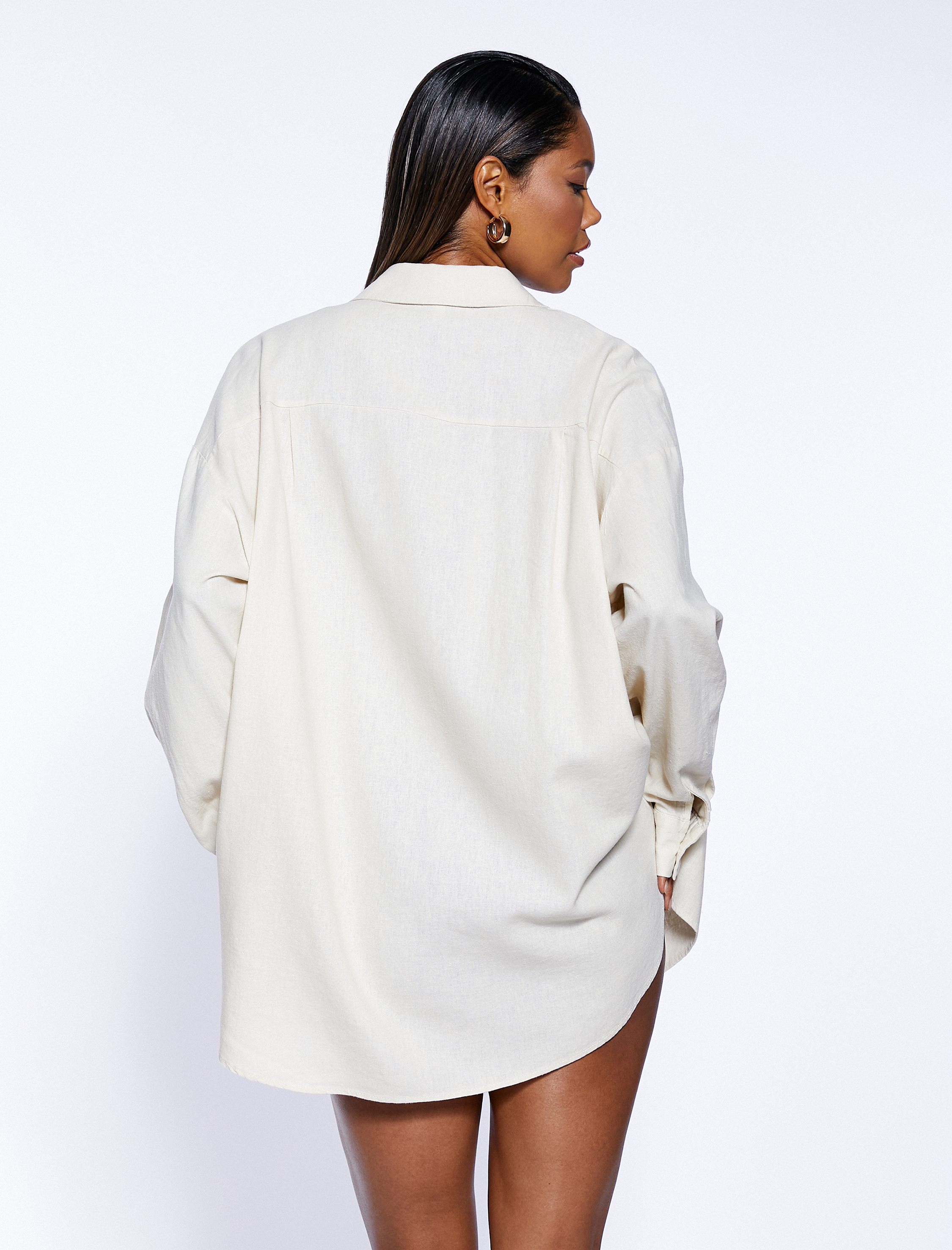   Oversize Gömlek Keten Karışımlı Düğmeli Uzun Kollu Cep Detaylı