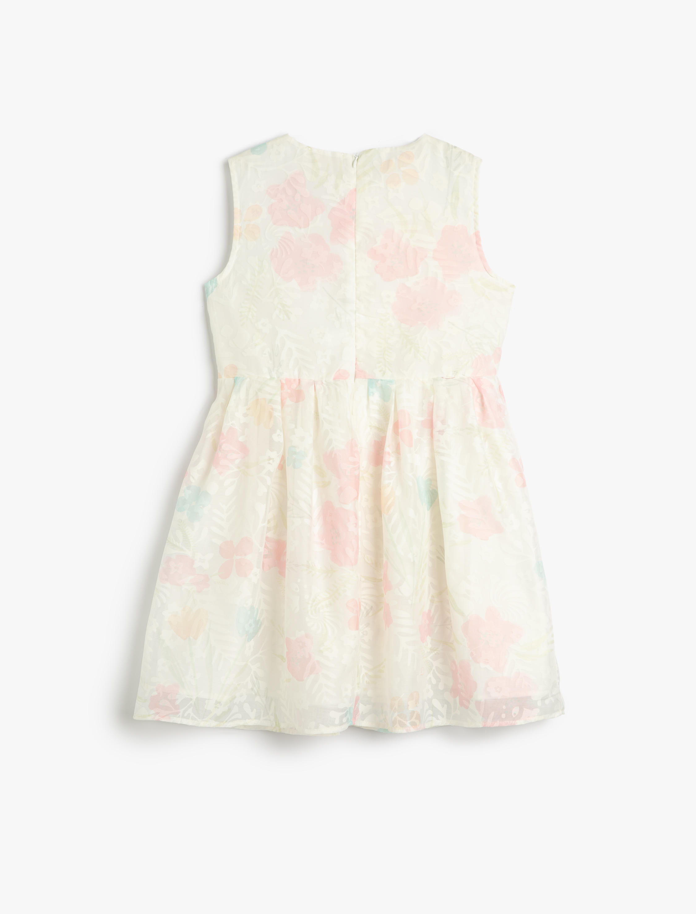  Kız Çocuk Elbise Tül Çiçekli Midi Boy Kolsuz Yuvarlak Yaka Astarlı