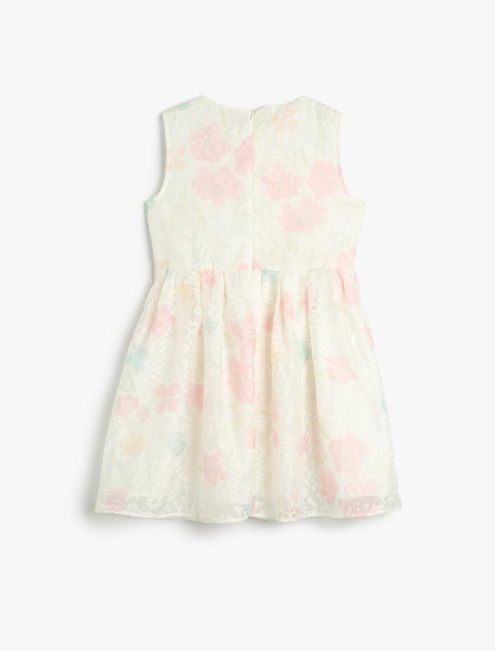 Kız Çocuk Elbise Tül Çiçekli Midi Boy Kolsuz Yuvarlak Yaka Astarlı