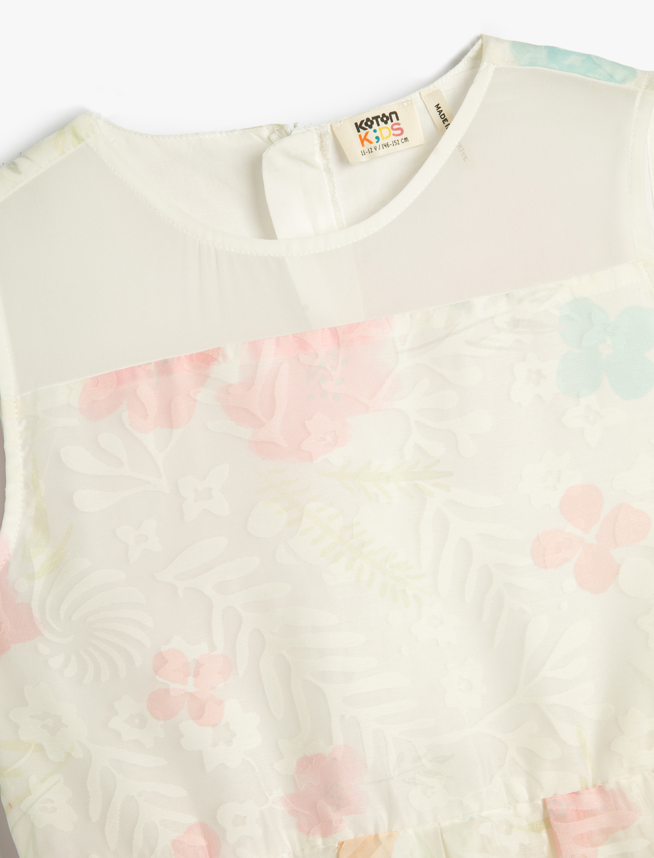  Kız Çocuk Elbise Tül Çiçekli Midi Boy Kolsuz Yuvarlak Yaka Astarlı