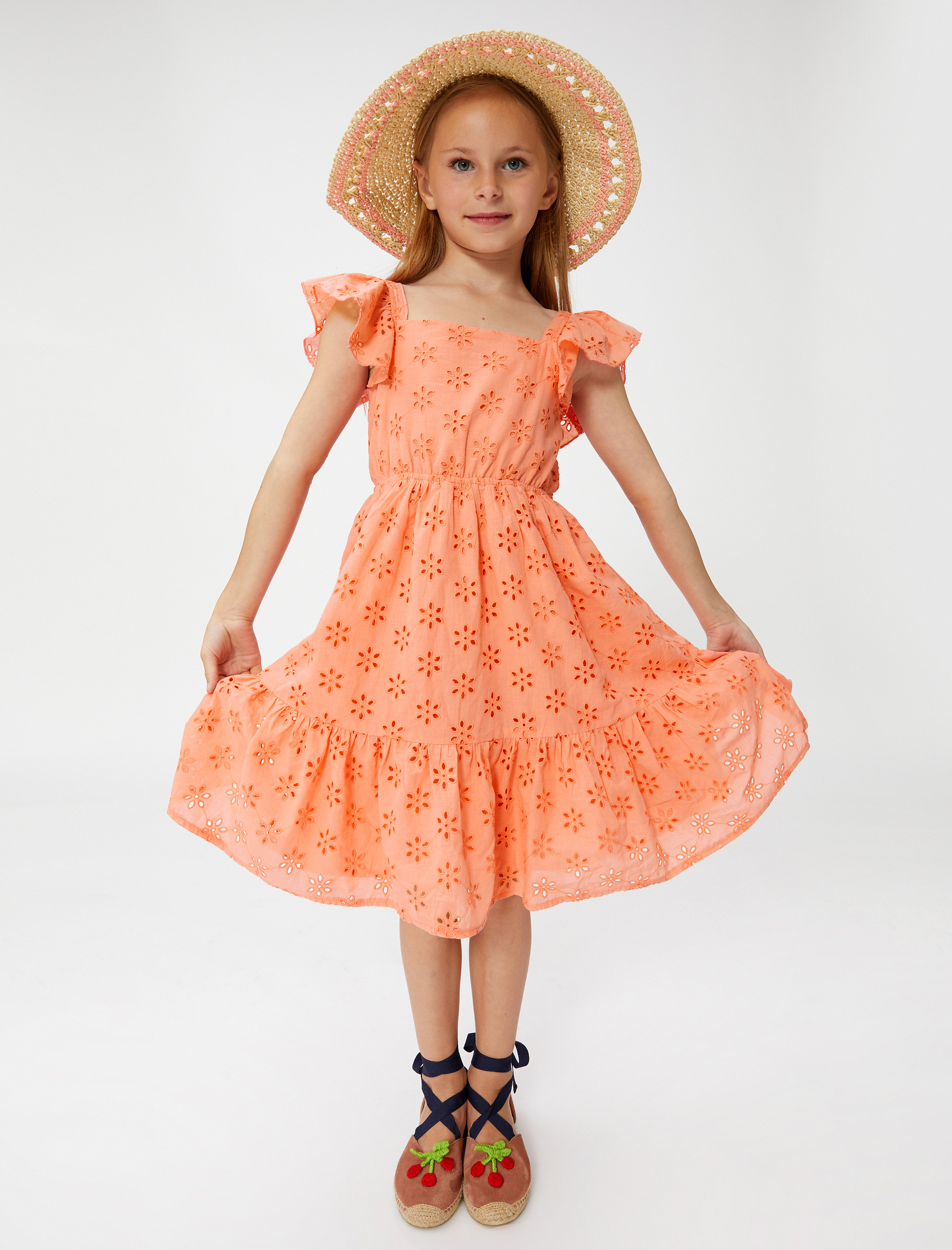  Kız Çocuk Elbise Fistolu Fırfırlı Kelebek Kol Kare Yaka