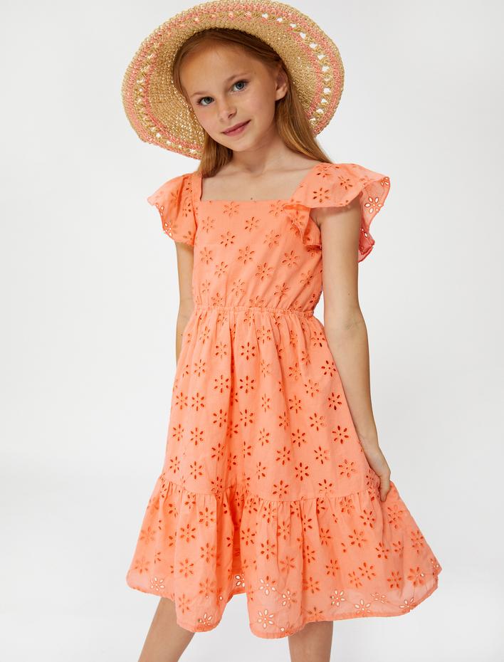 Kız Çocuk Elbise Fistolu Fırfırlı Kelebek Kol Kare Yaka