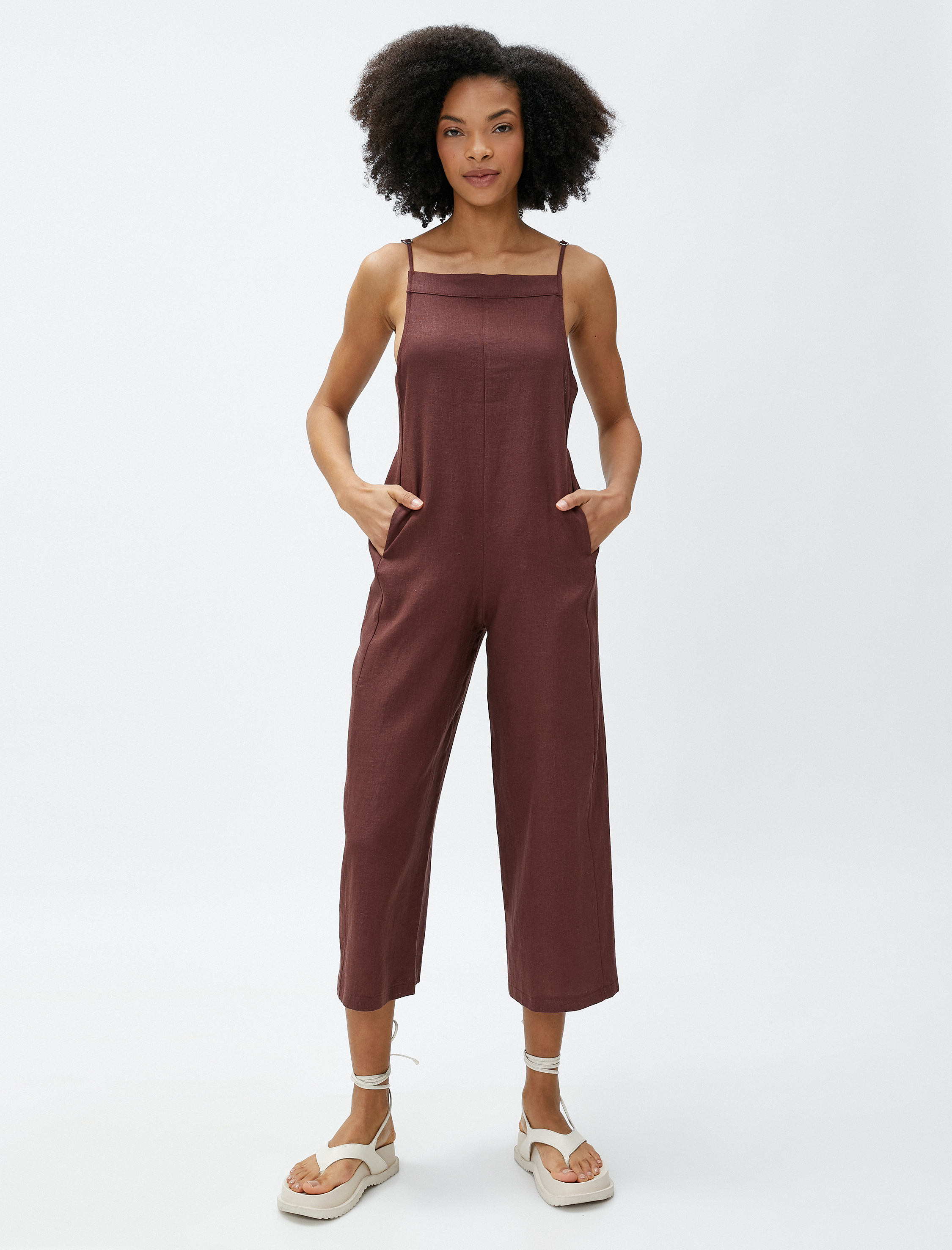   Bol Paça Tulum Askılı Kare Yaka Cepli Keten Karışımlı