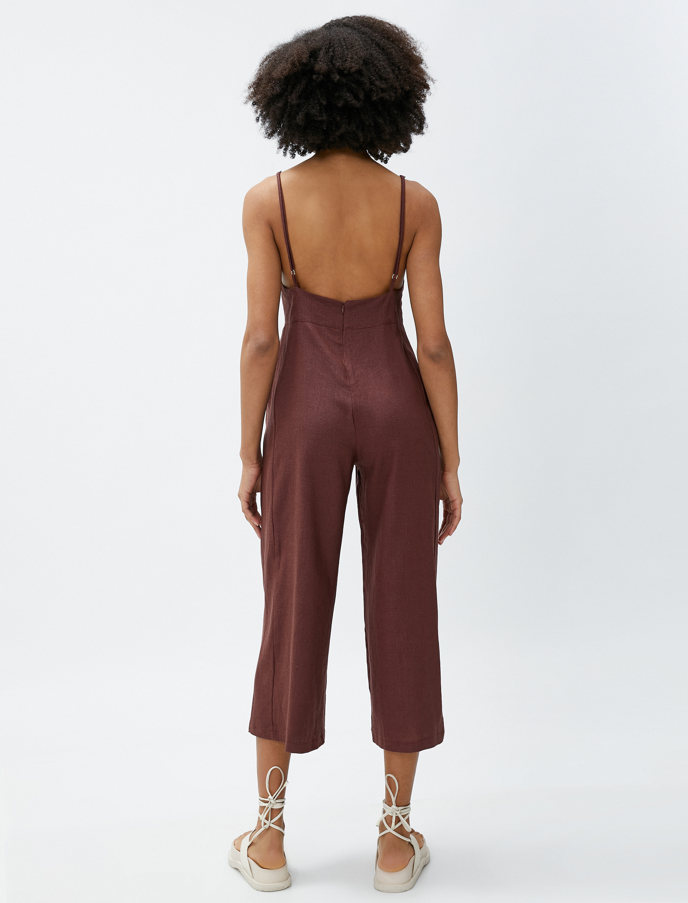   Bol Paça Tulum Askılı Kare Yaka Cepli Keten Karışımlı