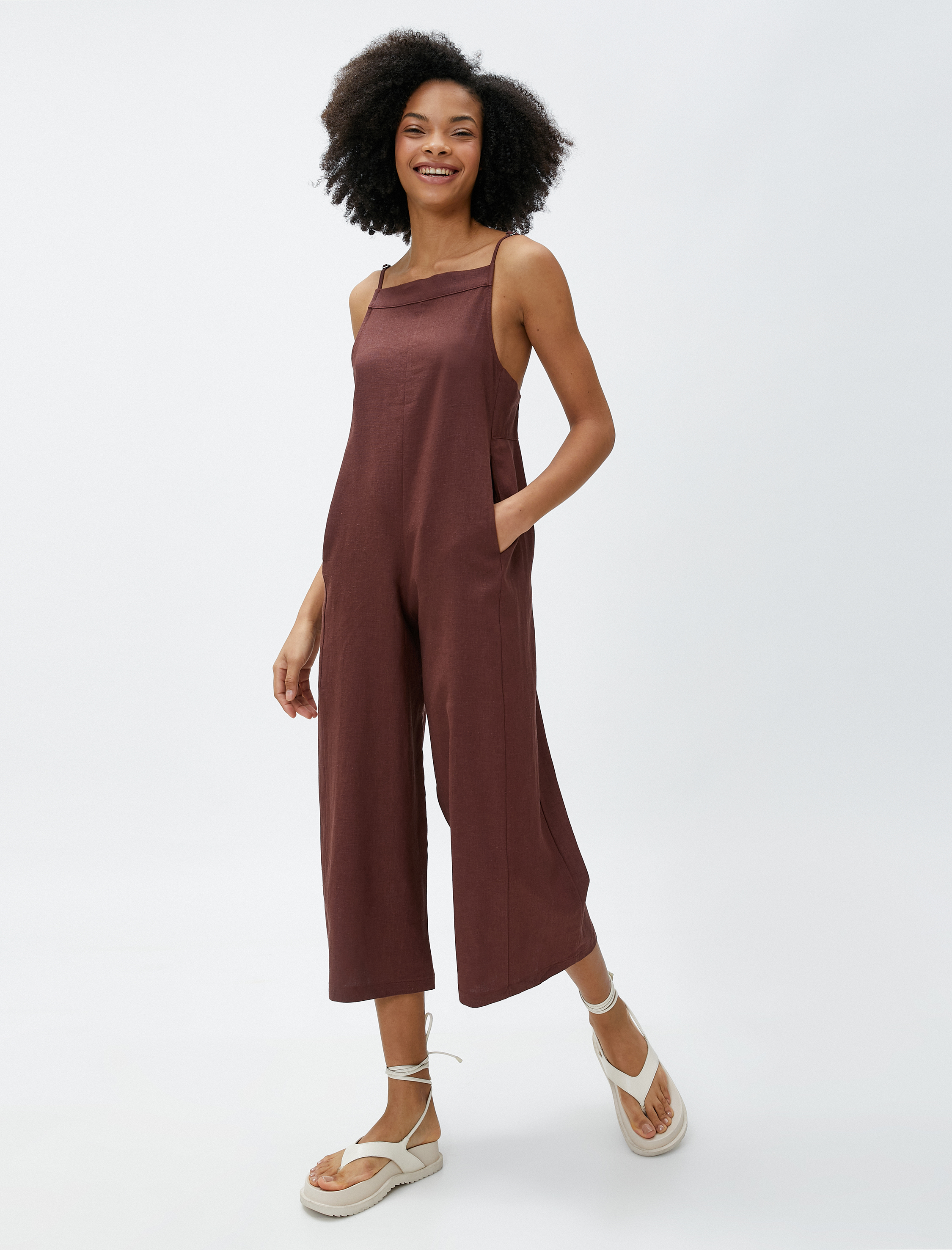   Bol Paça Tulum Askılı Kare Yaka Cepli Keten Karışımlı