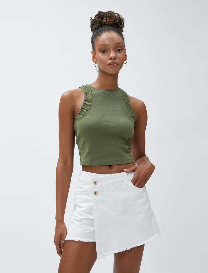  Crop Atlet Halter Yaka File Detaylı Pamuklu