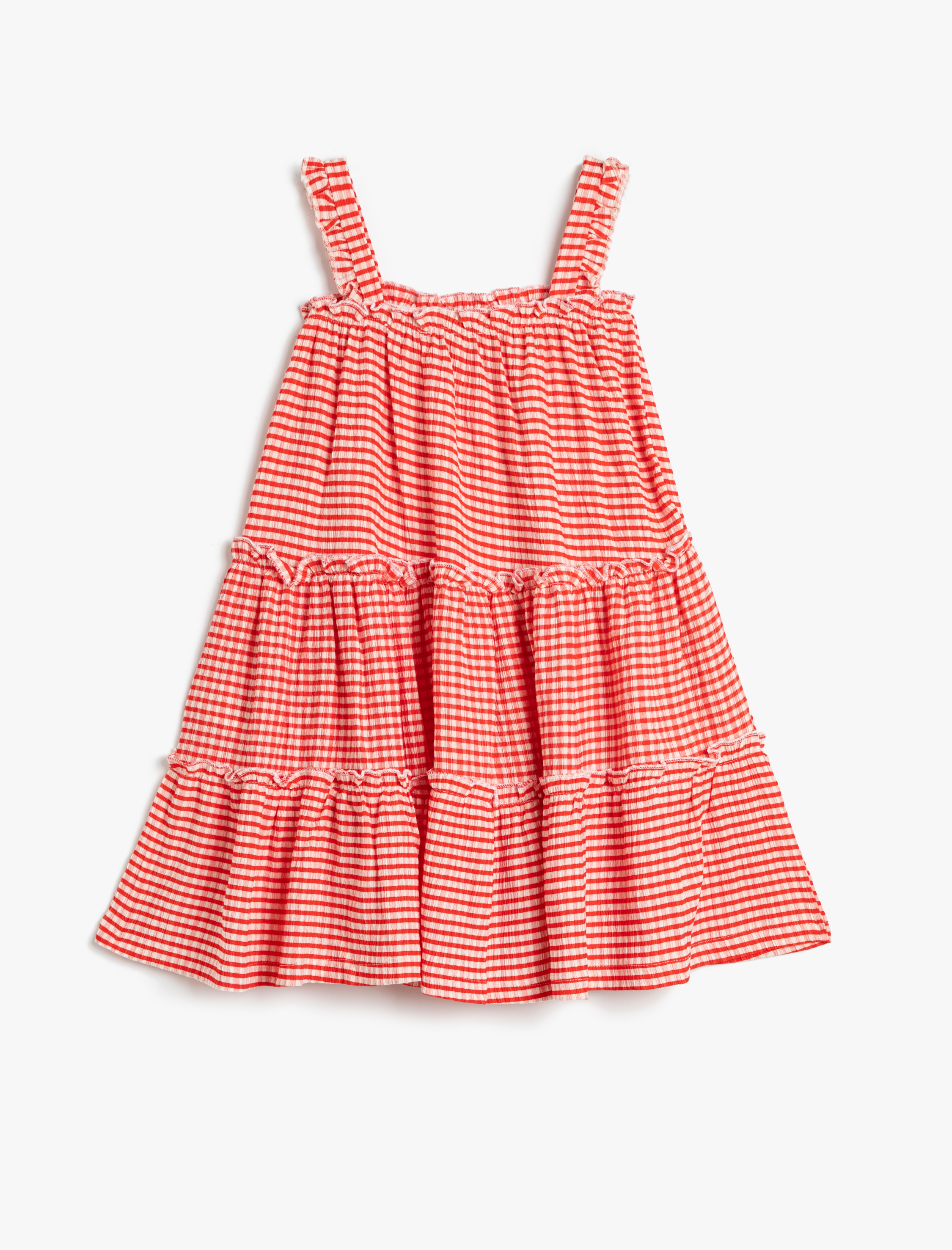  Kız Çocuk Elbise Midi Boy Kareli Askılı Rahat Kesim